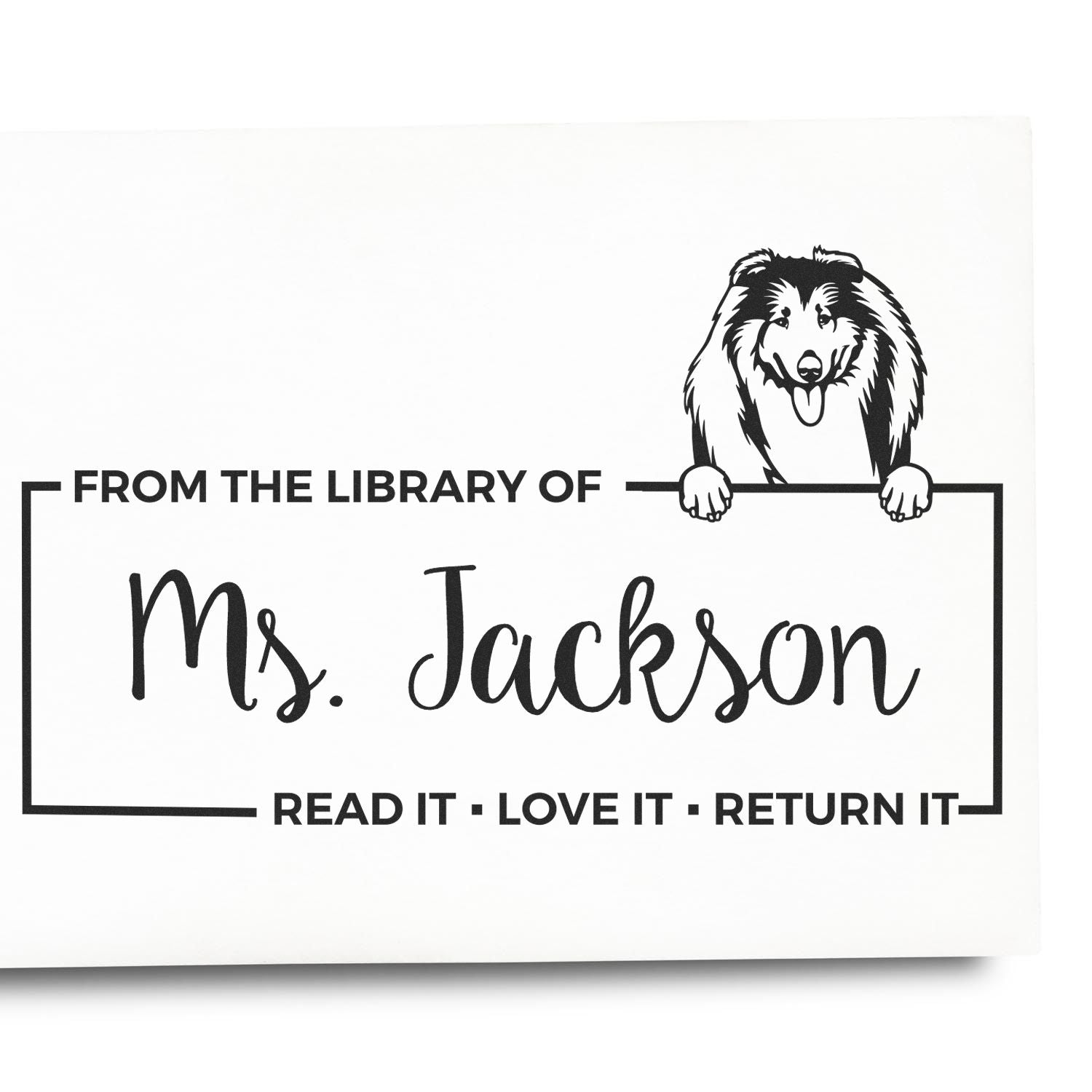 Personalized library book rubber stamp with dog illustration, From the Library of Ms. Jackson and Read It, Love It, Return It text