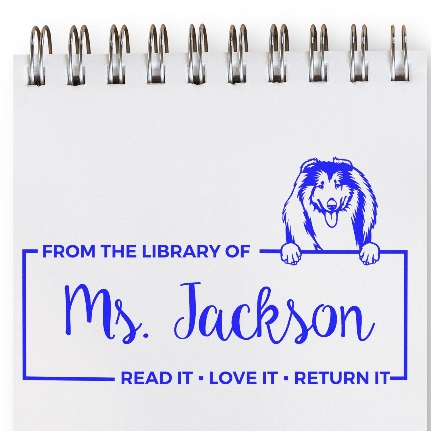 Personalized library rubber stamp with dog design for Ms. Jackson: From the Library of Ms. Jackson, Read It, Love It, Return It.