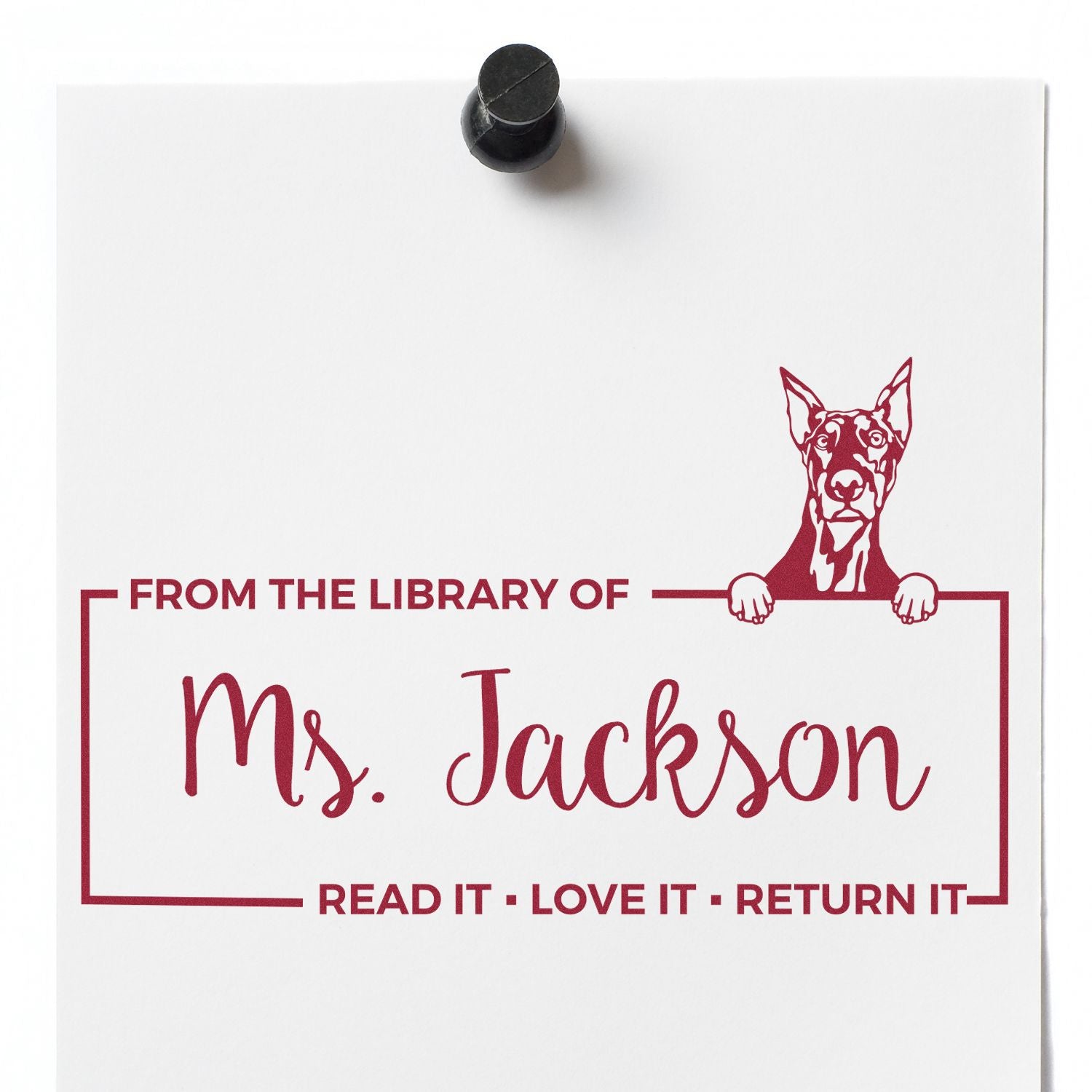 Custom library book rubber stamp with dog design and personalized Read it, Love it, Return it return message.