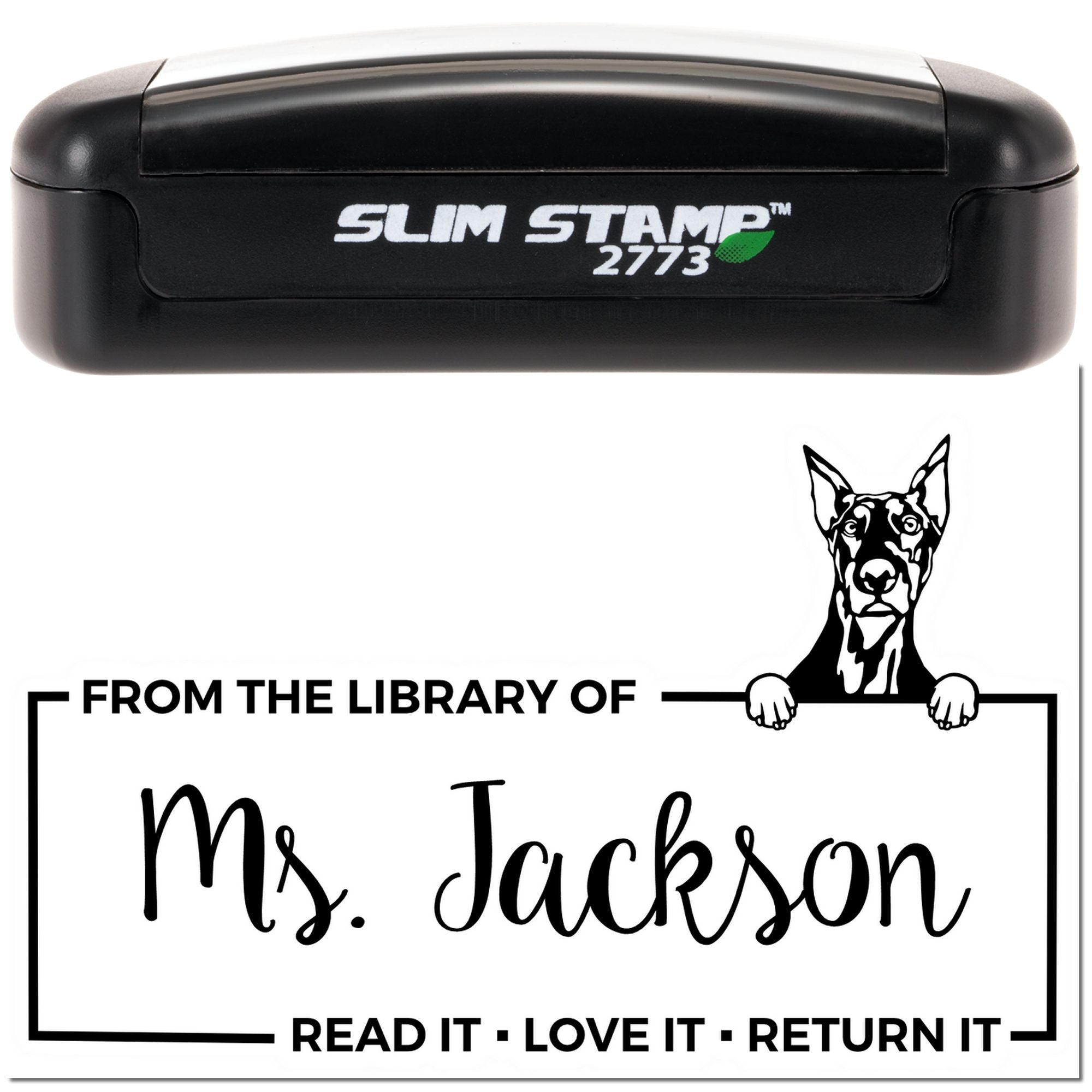 Custom library book stamp with dog illustration: From the Library of Ms. Jackson, Read It Love It Return It.