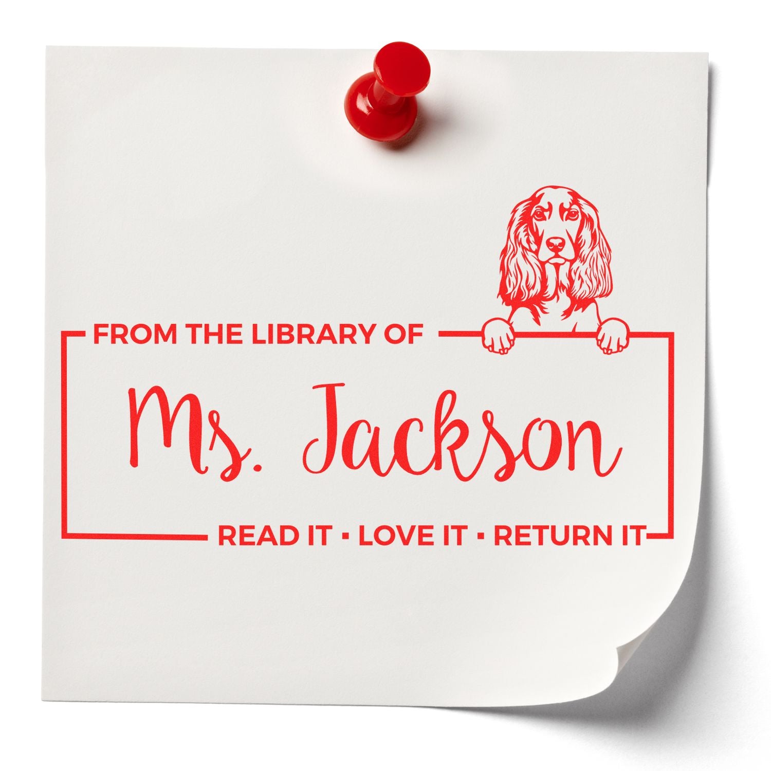 Custom rubber library book stamp for Ms. Jackson with dog design and Read it, Love it, Return it message.