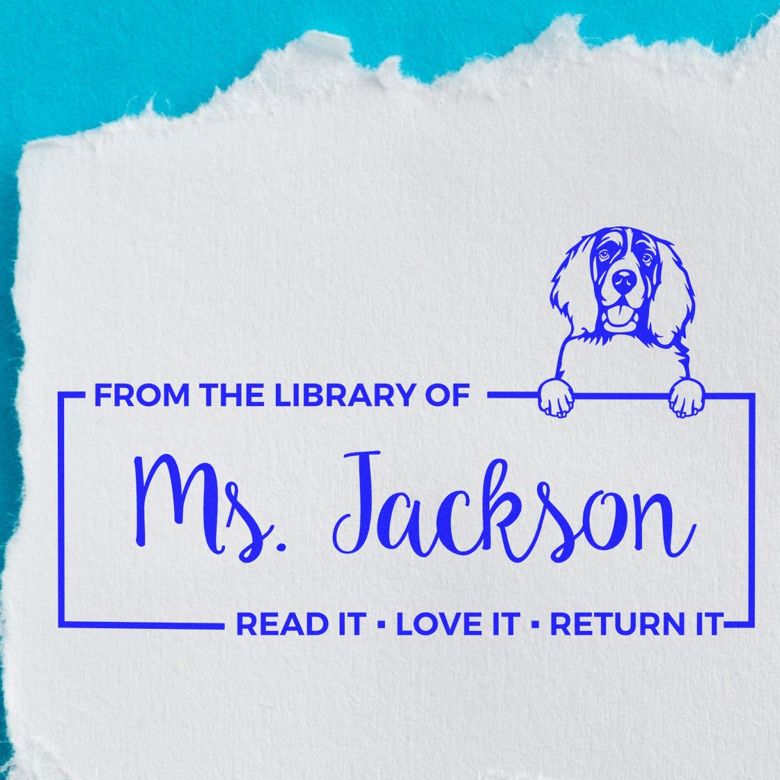 Custom rubber stamp for books: From the library of Ms. Jackson with dog illustration and Read it, love it, return it.