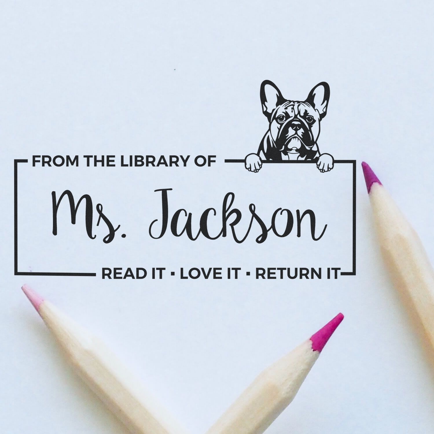Custom rubber stamp for books: From the Library of Ms. Jackson with bulldog design, ideal for personalized library book stamps.