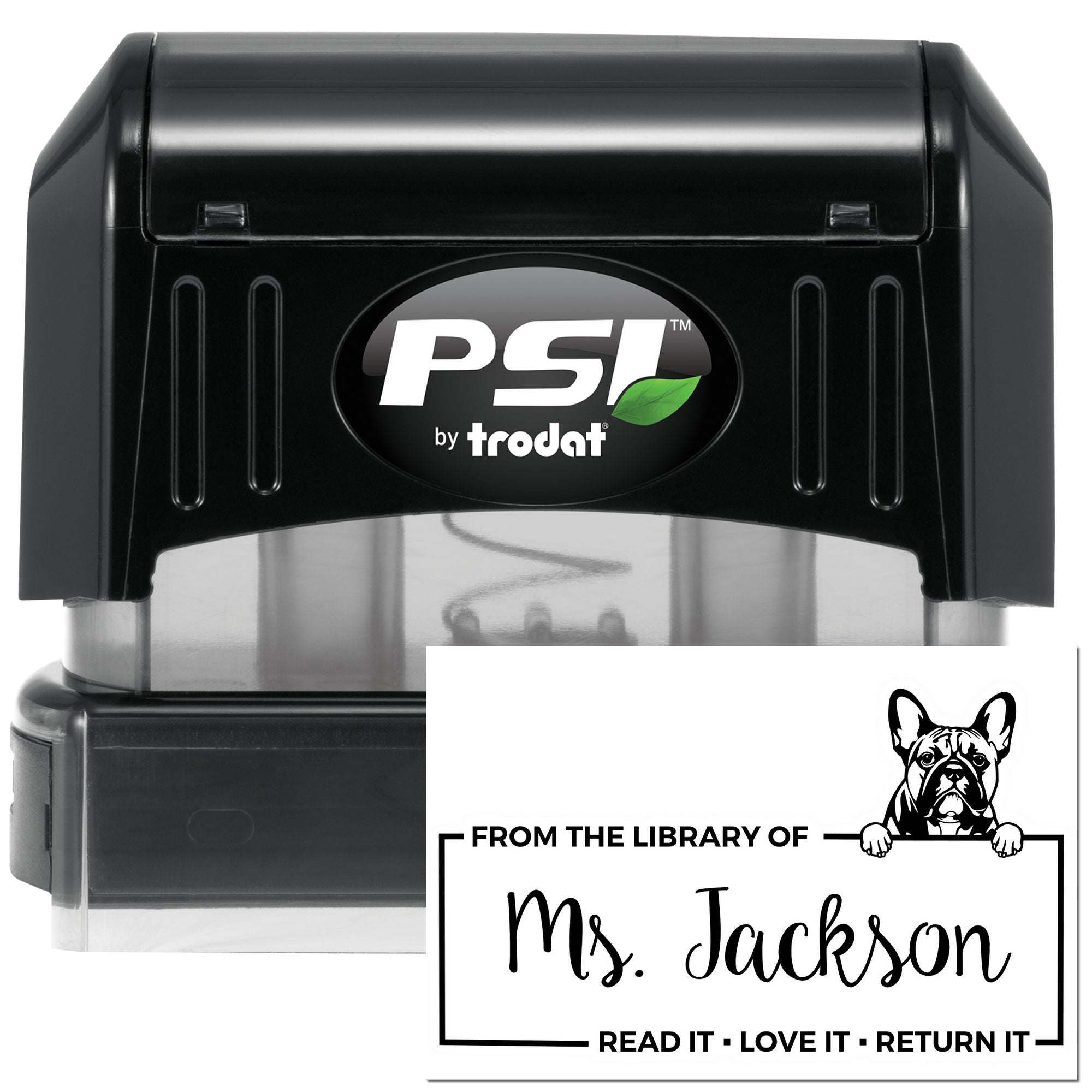 Custom self-inking library rubber stamp by PSI by Trodat, personalized From the Library of Ms. Jackson book return stamp.