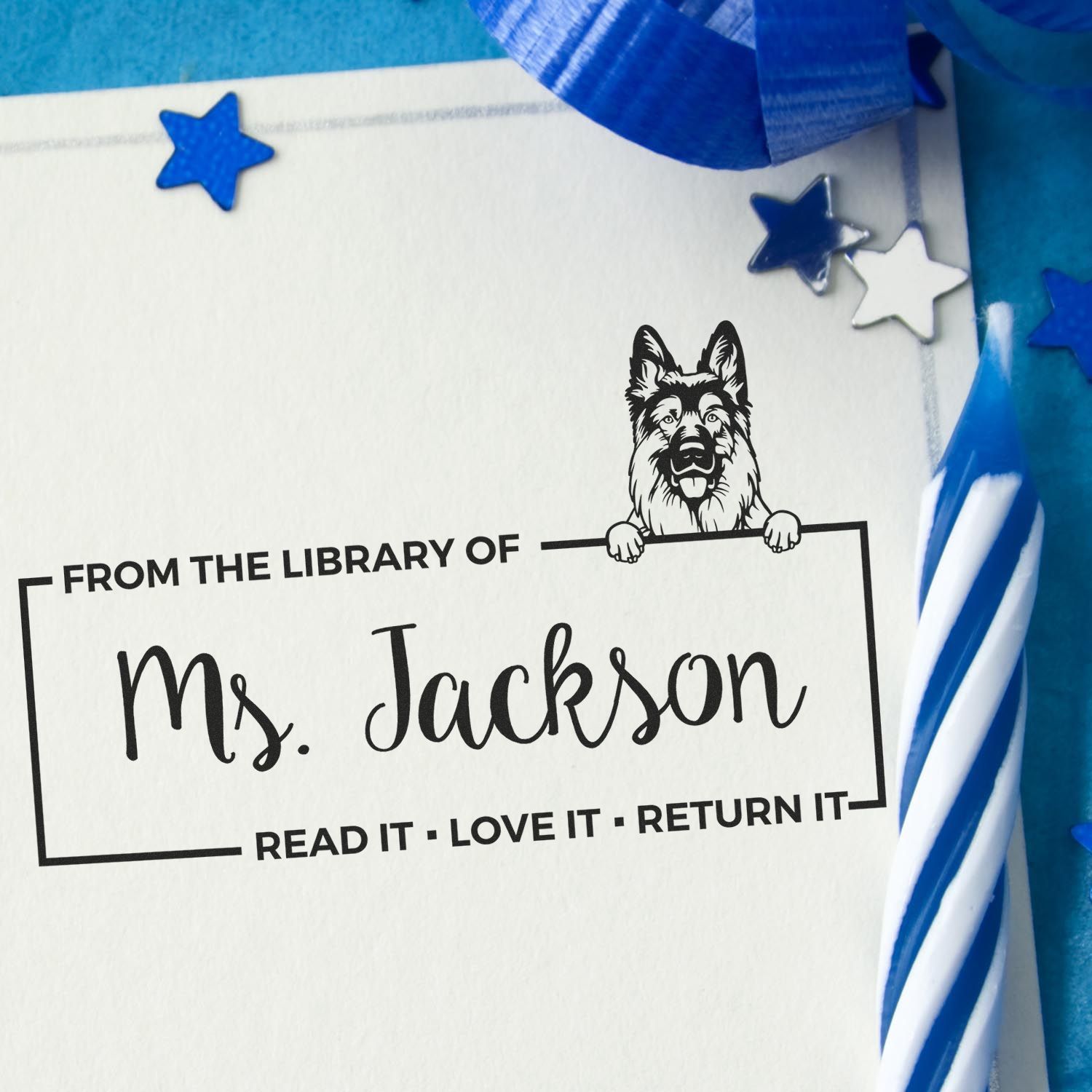 Personalized library rubber stamp for Ms. Jackson with German shepherd and Read it, love it, return it bookplate text.