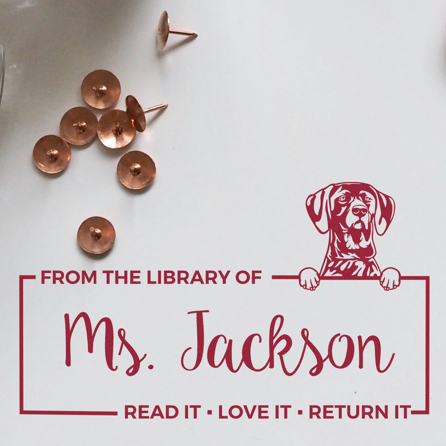 Custom rubber library book stamp with dog illustration and From the Library of Ms. Jackson read it, love it, return it design.