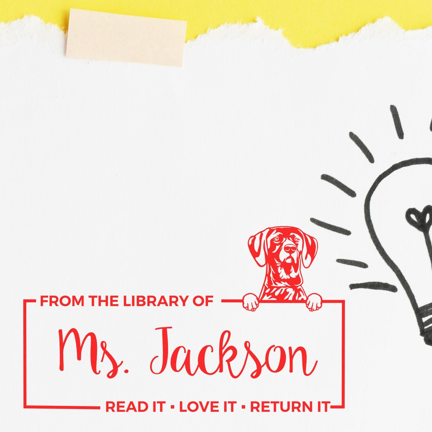 Custom rubber library stamp for Ms. Jackson with dog illustration and Read it, love it, return it book label.