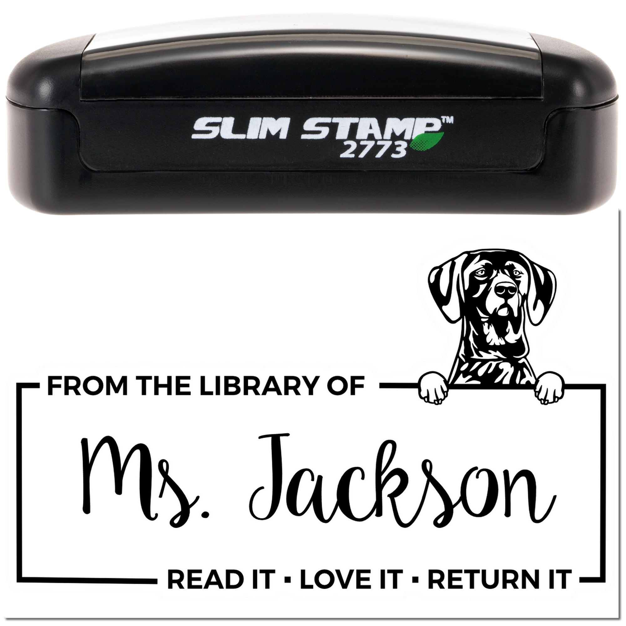 Slim Stamp 2773 self-inking library rubber stamp with custom From the Library of Ms. Jackson bookplate design and dog art