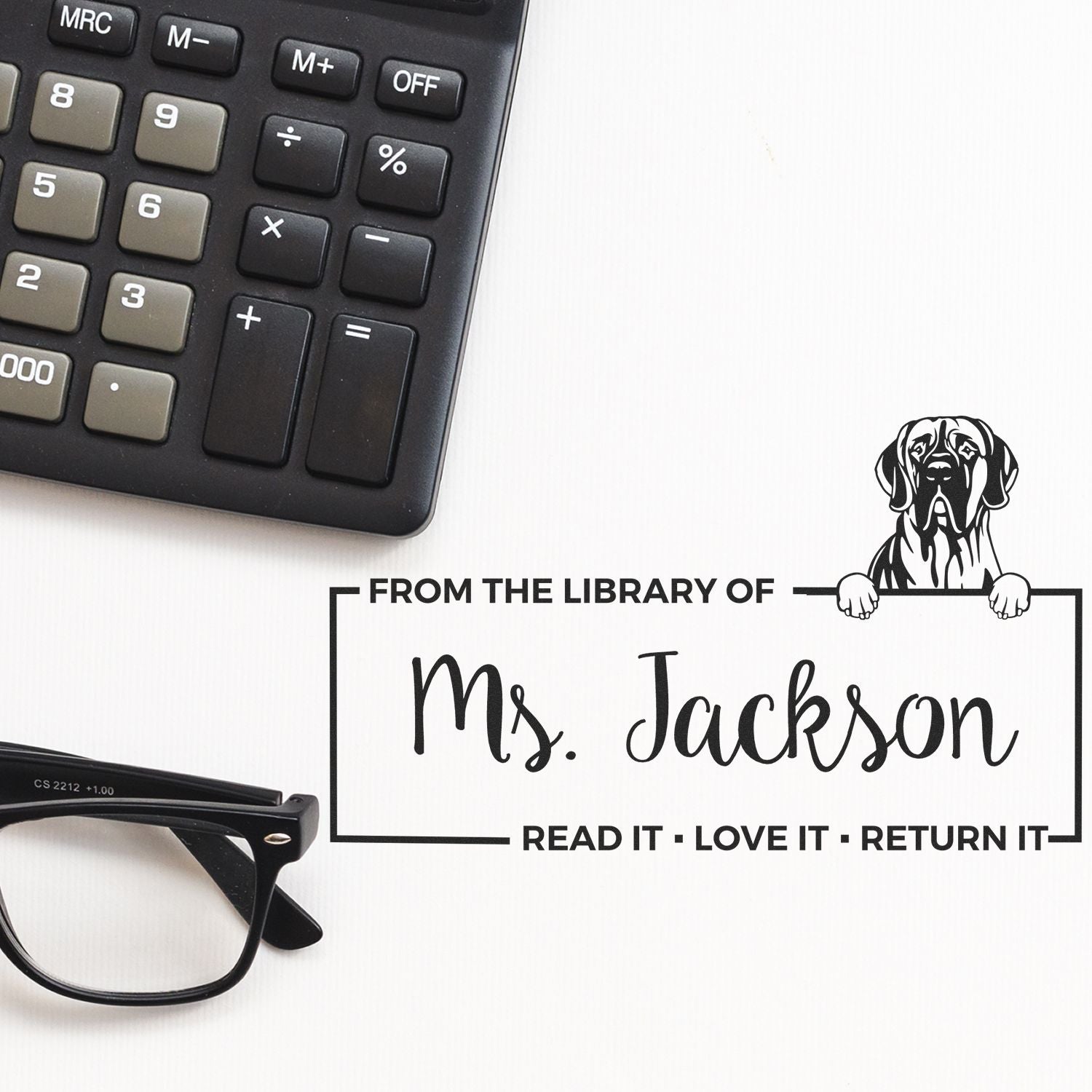 Custom rubber stamp for teachers: From the Library of Ms. Jackson book stamp with return-it message and dog illustration.