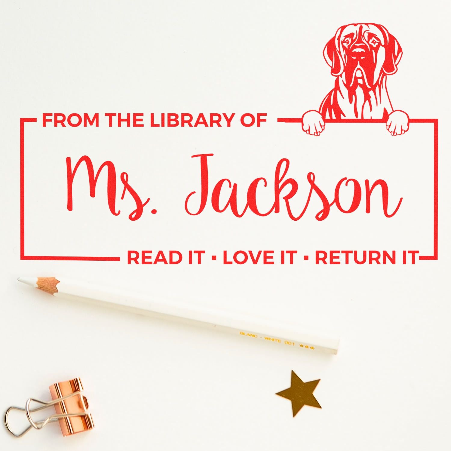 Custom dog library rubber stamp for Ms. Jackson books: From the Library of Ms. JacksonRead It, Love It, Return It