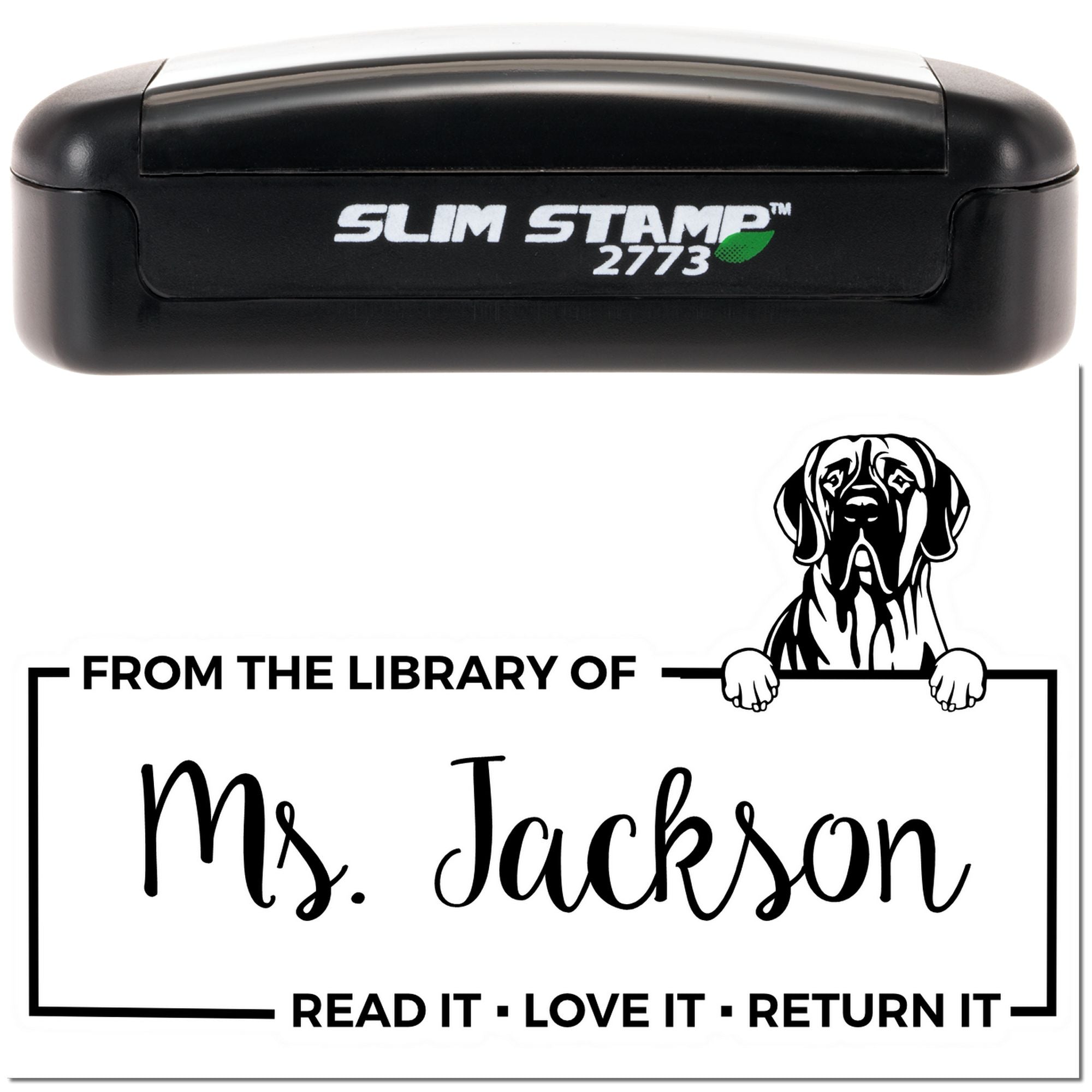 Self-inking rubber stamp with custom library of Mrs. Jackson text, dog design, and Read it, love it, return it book ownership imprint.
