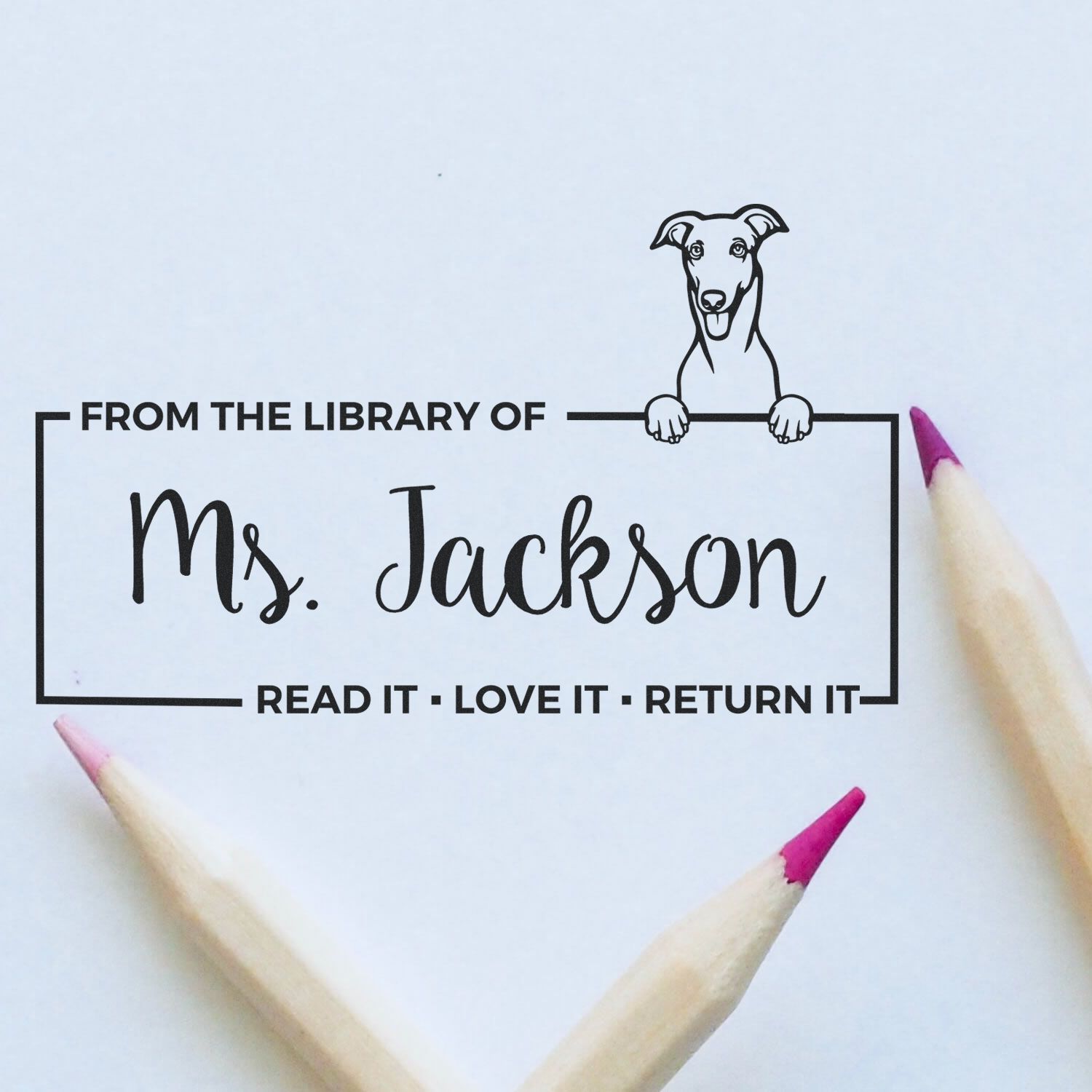 Custom rubber library stamp for Ms. Jackson with dog design and Read it, love it, return it book label.