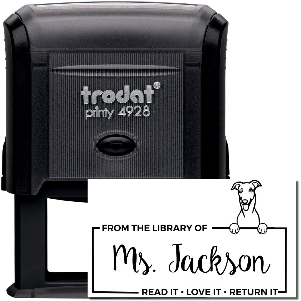 Custom library return stamp for Ms. Jackson, featuring a Trodat Printy 4928 self-inking rubber stamp with Read it, love it, return it.