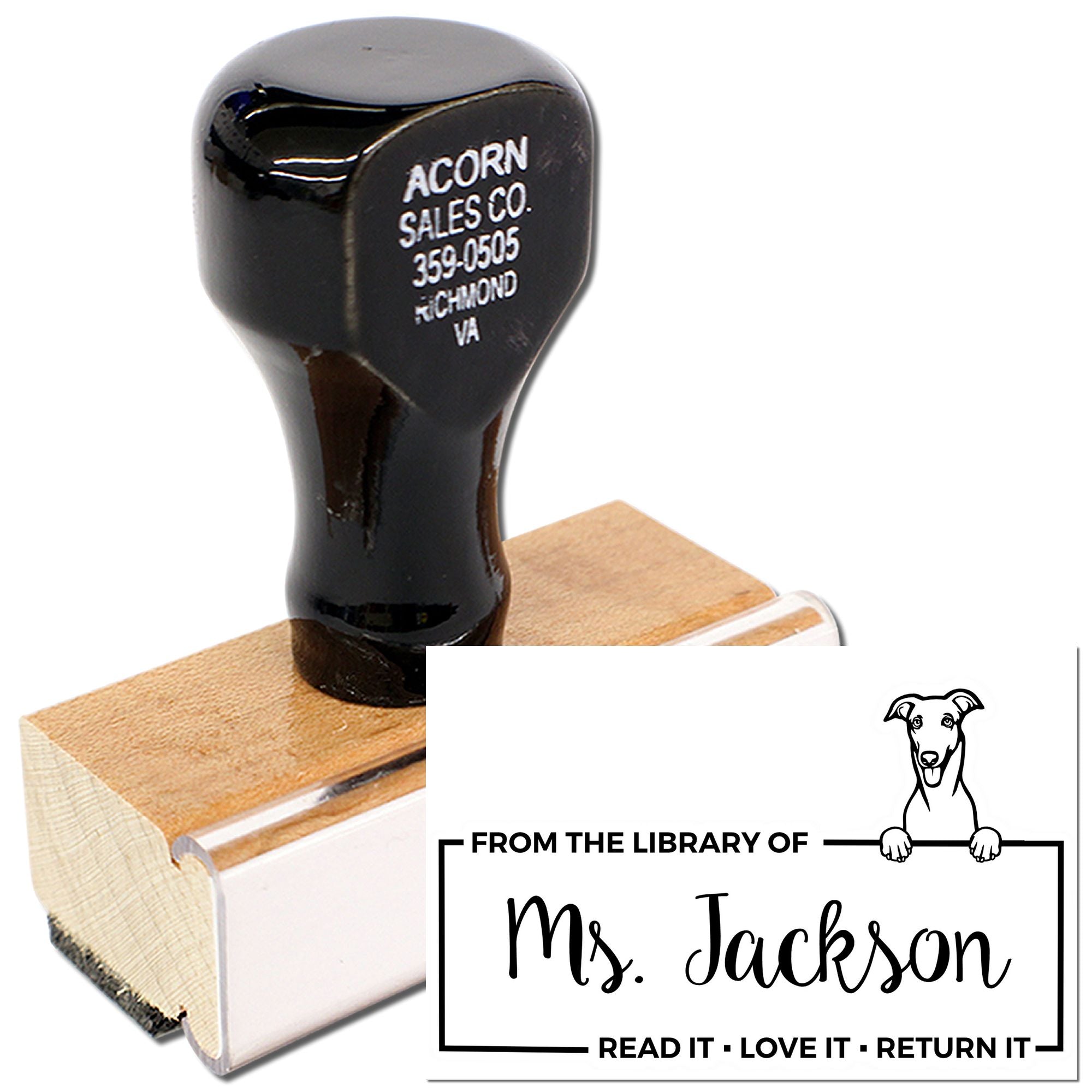 Personalized rubber library book stamp reading From the Library of Ms. Jackson, with dog logo and Read it, Love it, Return it.