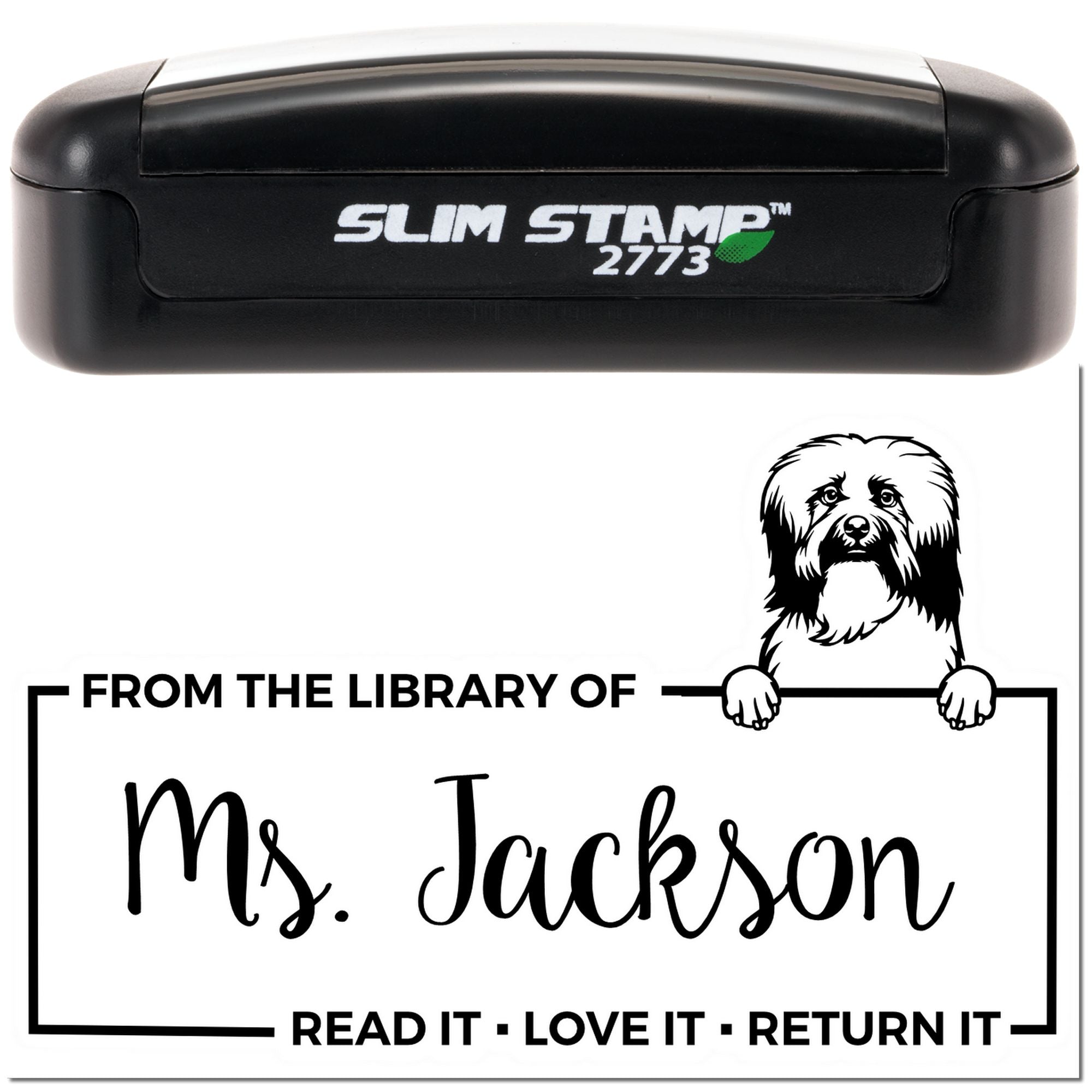 Slim Stamp 2773 custom library rubber stamp with From the Library of Ms. Jackson book return design and dog graphic.
