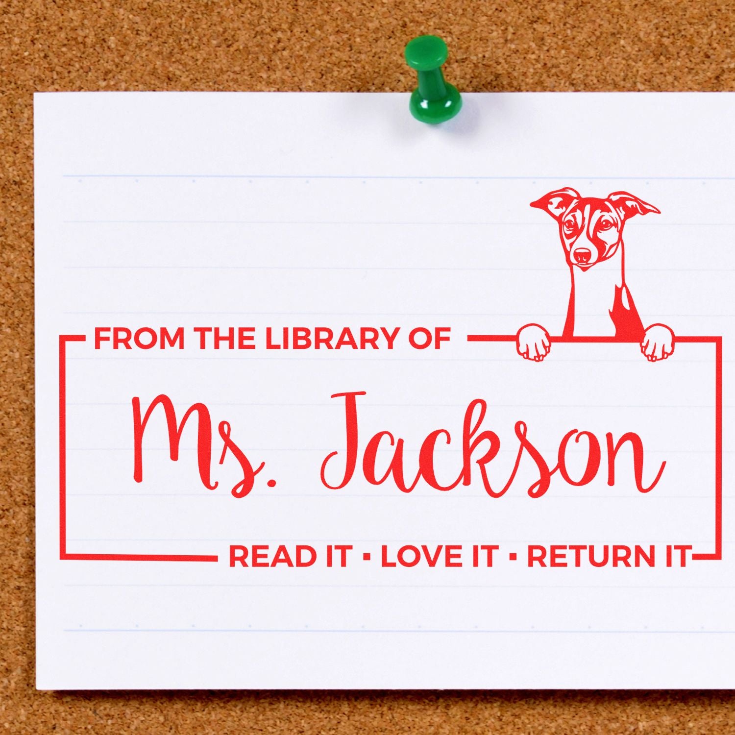 Custom personalized library rubber stamp with dog design: From the Library of Ms. JacksonRead it, Love it, Return it.