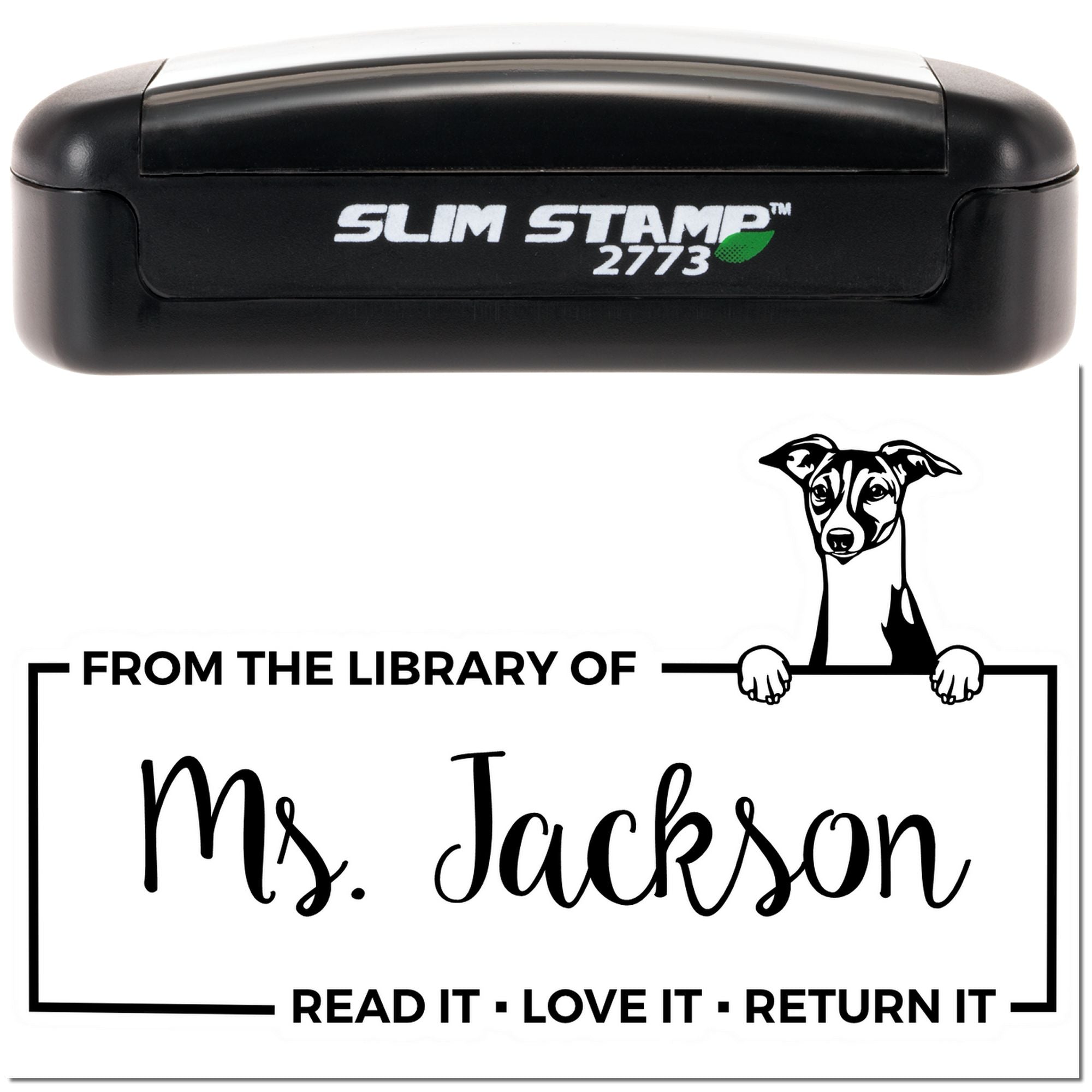 Custom rubber stamp for library books with From the Library of Ms. Jackson and Read it, love it, return it message.