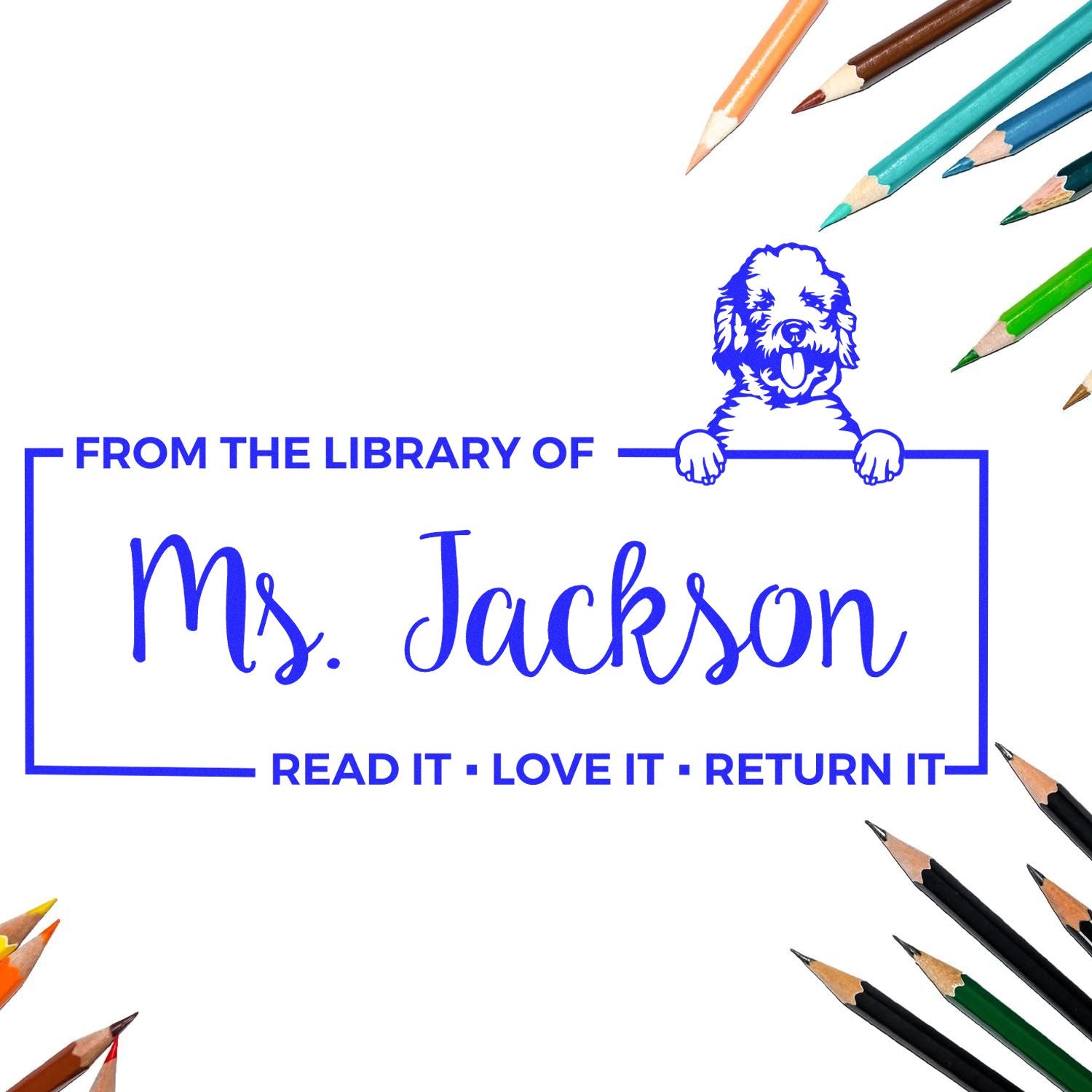 Personalized library rubber stamp for books: From the Library of Ms. JacksonRead It, Love It, Return It with dog design.