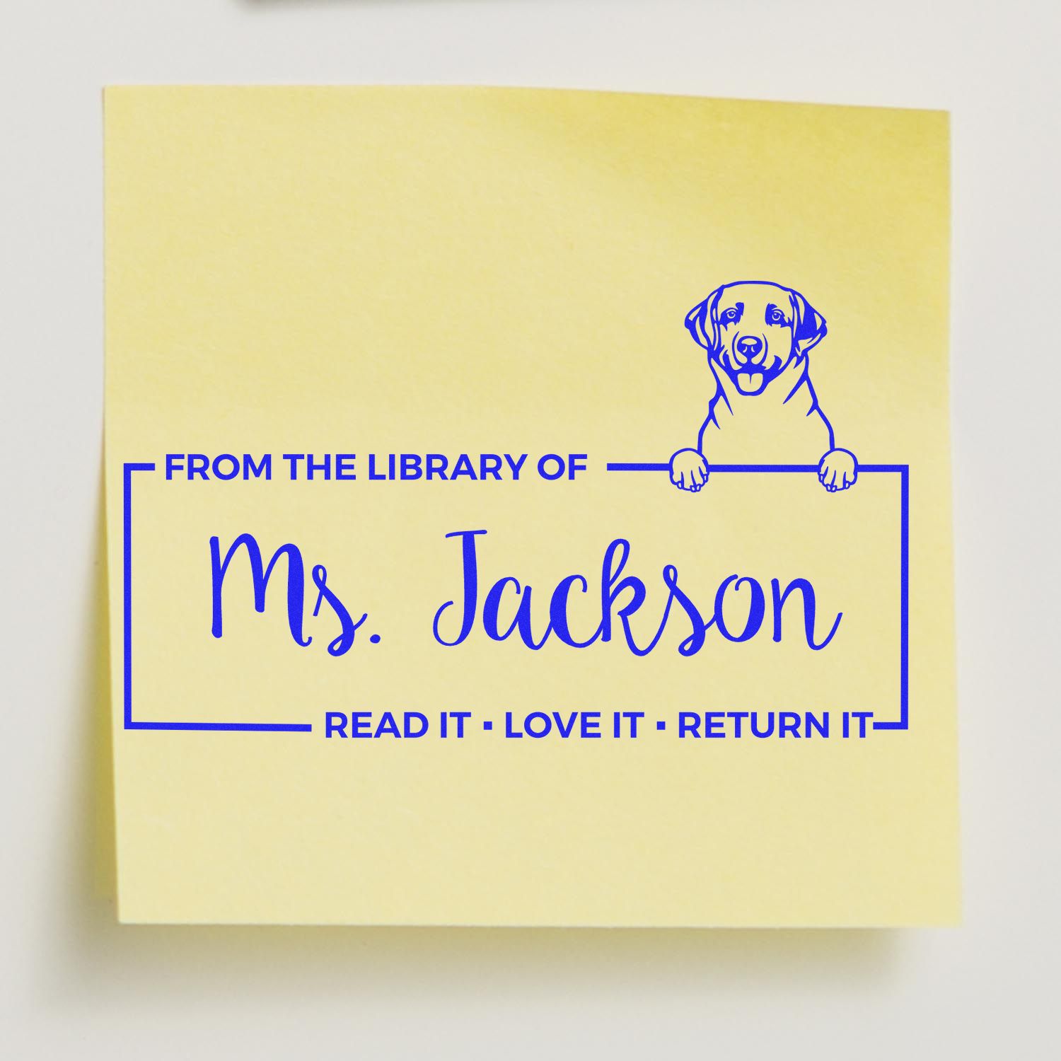 Custom library rubber stamp with dog design and Read it, love it, return it message for Ms. Jackson