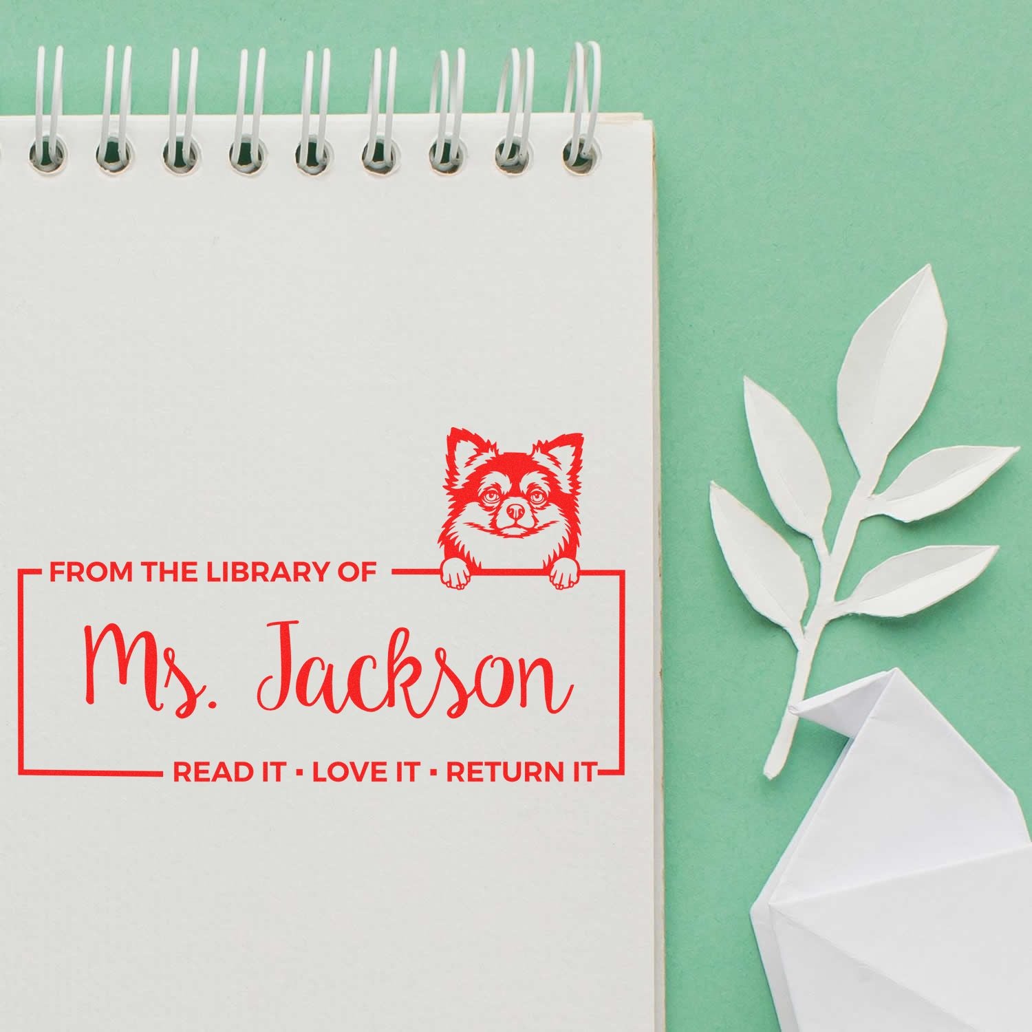 Personalized library book stamp for Ms. Jackson with fox design and Read it, love it, return it bookplate message.