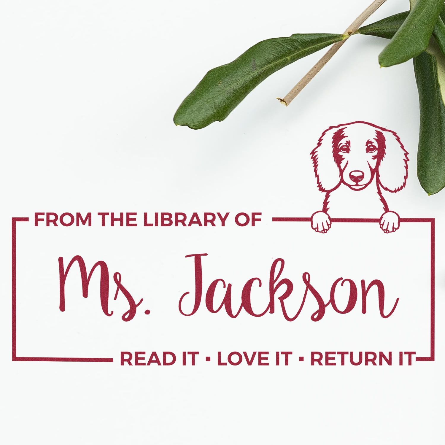 Personalized custom rubber book stamp for Ms. Jackson with dog illustration and Read it  Love it  Return it text.