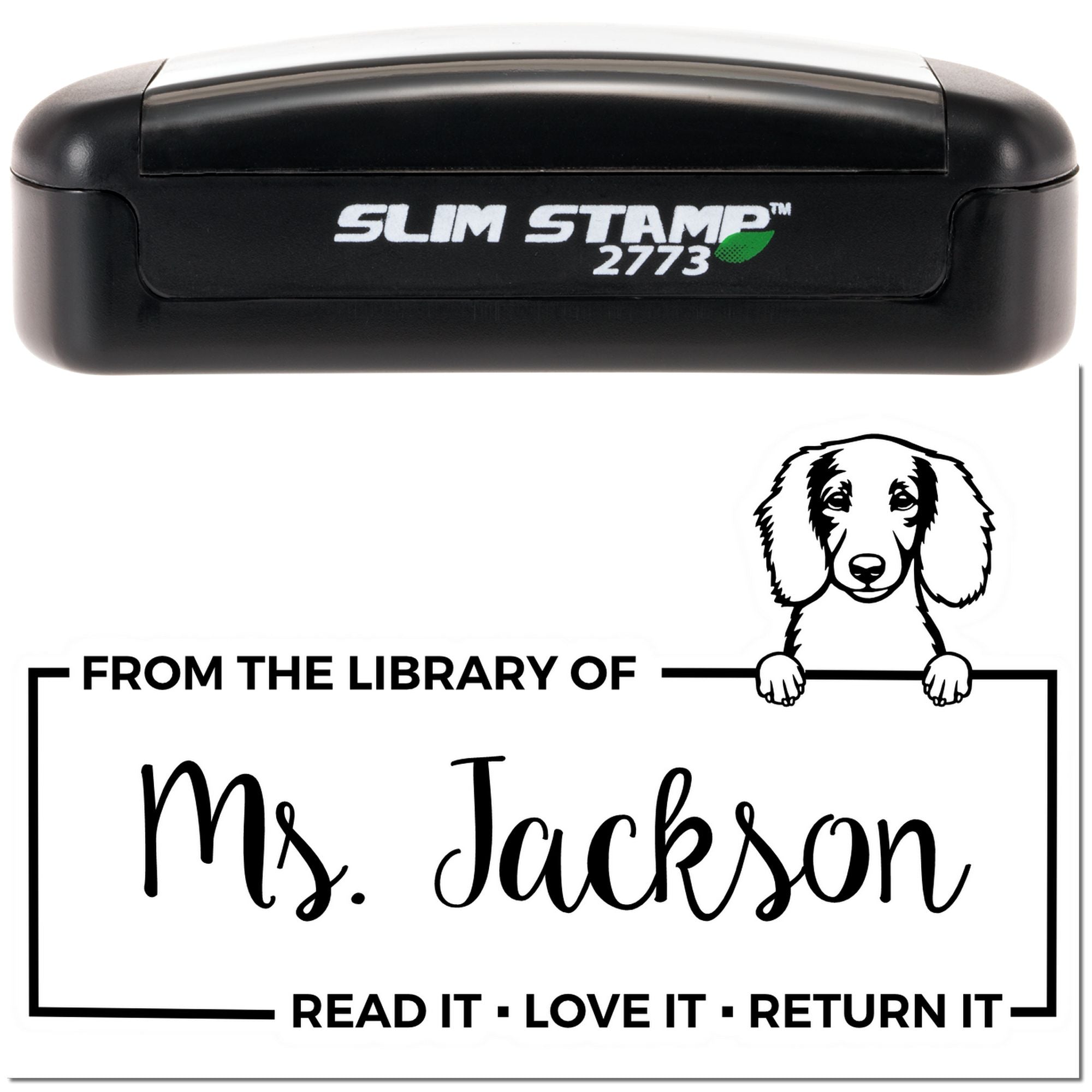 Personalized library rubber stamp with dog illustration, reading From the library of Ms. Jackson for book returns.