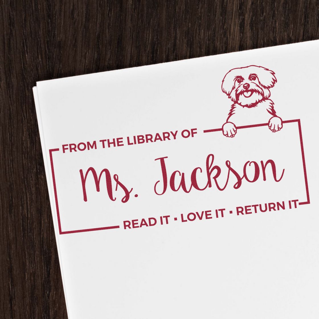 Personalized library rubber stamp for books, with dog design and text From the Library of Ms. Jackson, Read it, Love it, Return it.
