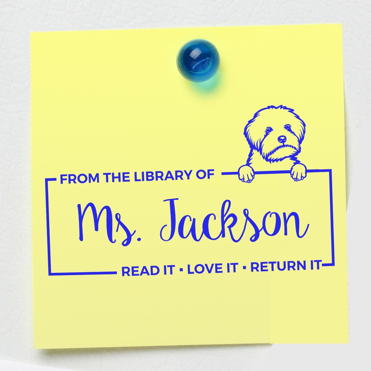 Personalized library bookplate rubber stamp for Ms. Jackson with dog design and Read it, Love it, Return it message.