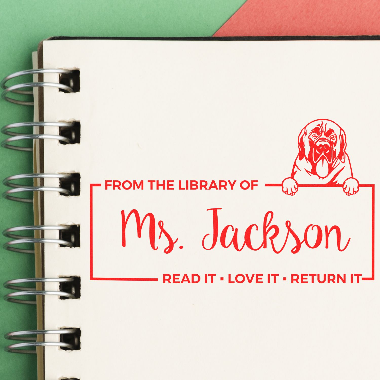 Personalized rubber stamp for library books: From the Library of Ms. Jackson return-it bookplate with dog graphic.