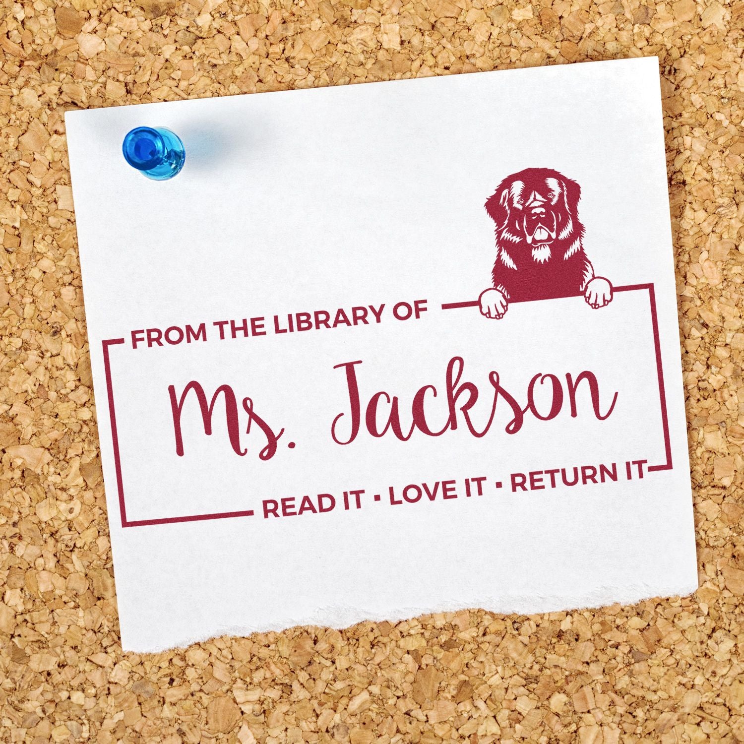 Custom rubber library stamp for Ms. Jackson with dog design and From the Library Of text, ideal for personal book labeling.