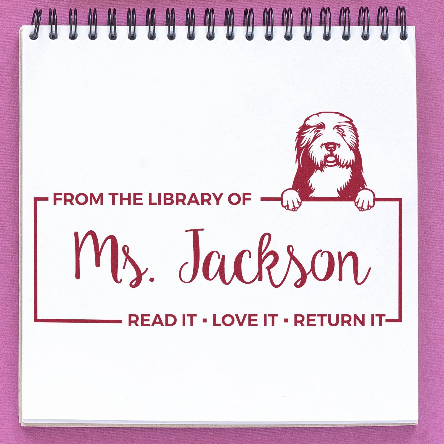 Personalized library rubber stamp with dog design: From the library of Ms. JacksonRead it, love it, return it.