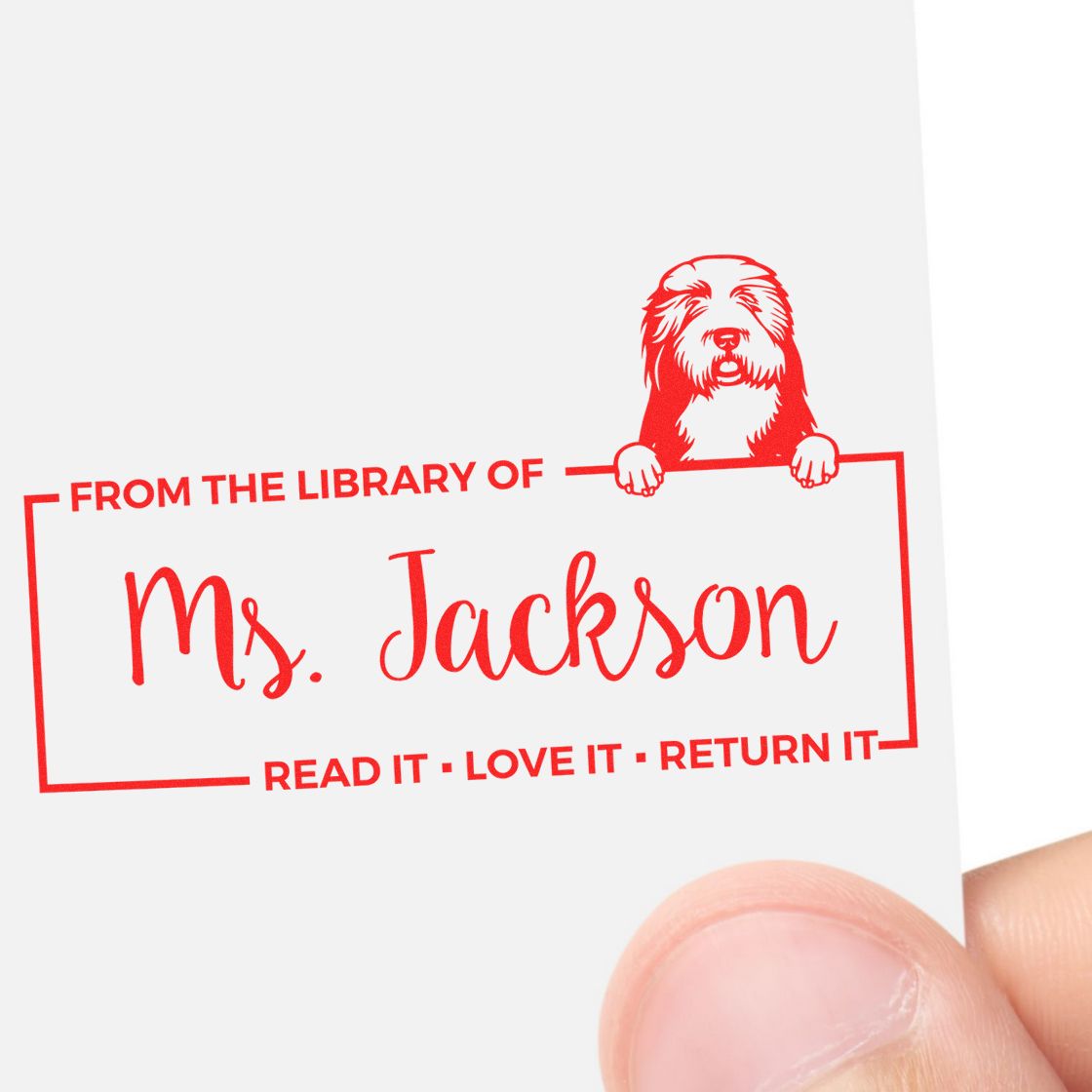 Personalized library rubber stamp with dog bookplate design for Ms. Jackson, featuring Read it, love it, return it.