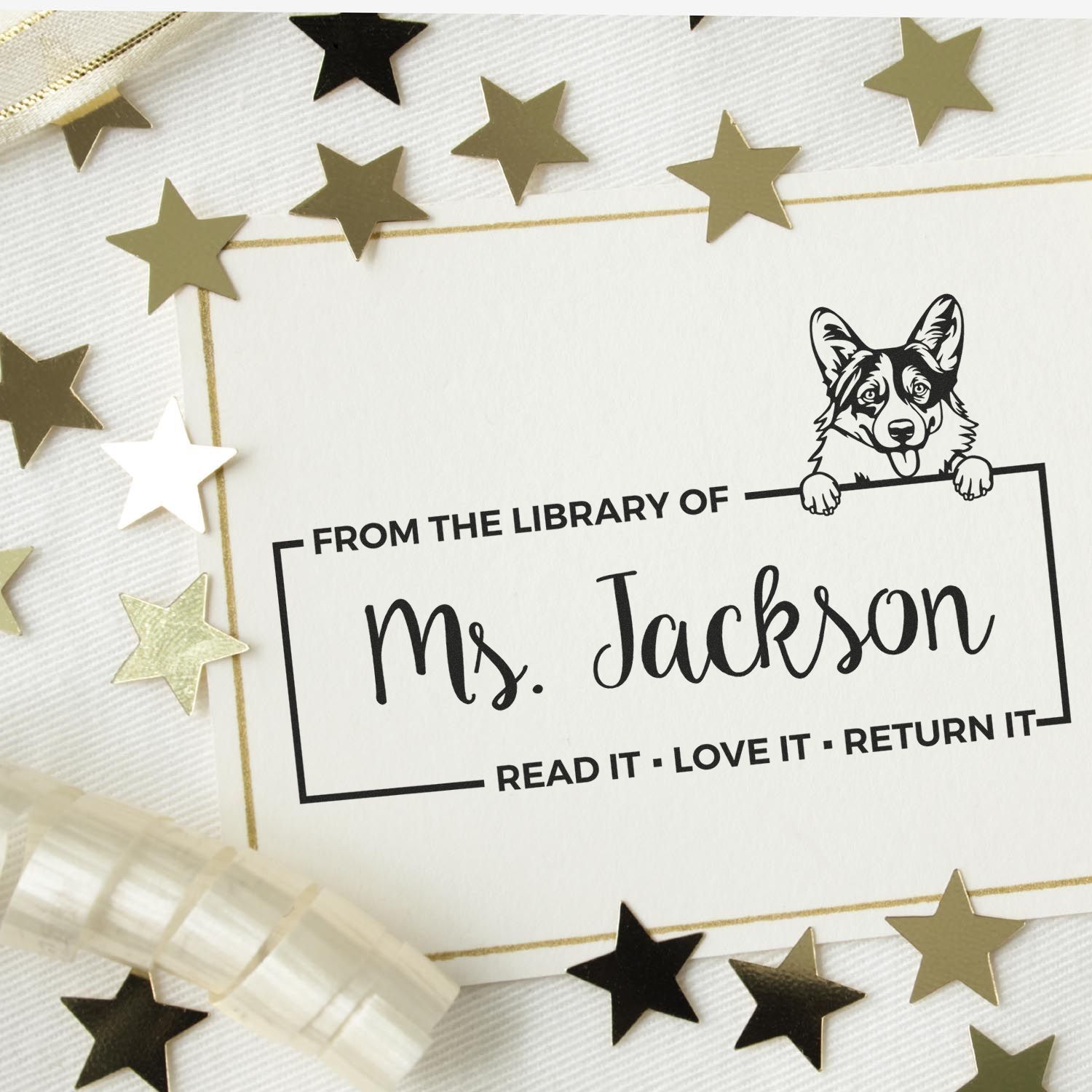 Custom library rubber stamp with corgi bookplate design and personalized From the Library of Ms. Jackson text.