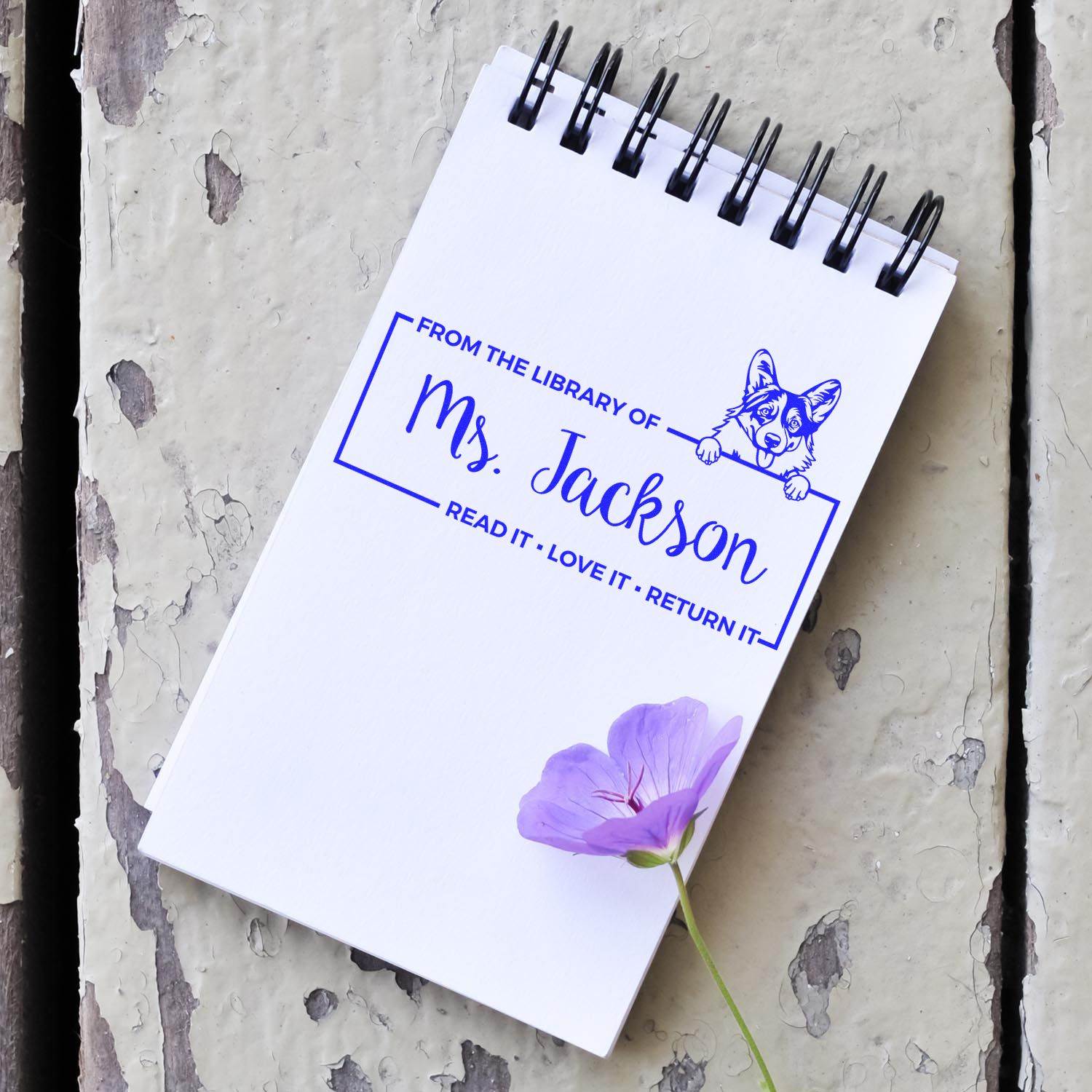Custom library rubber stamp on a spiral notebook: From the Library of Ms. JacksonRead it, Love it, Return it, with corgi graphic.