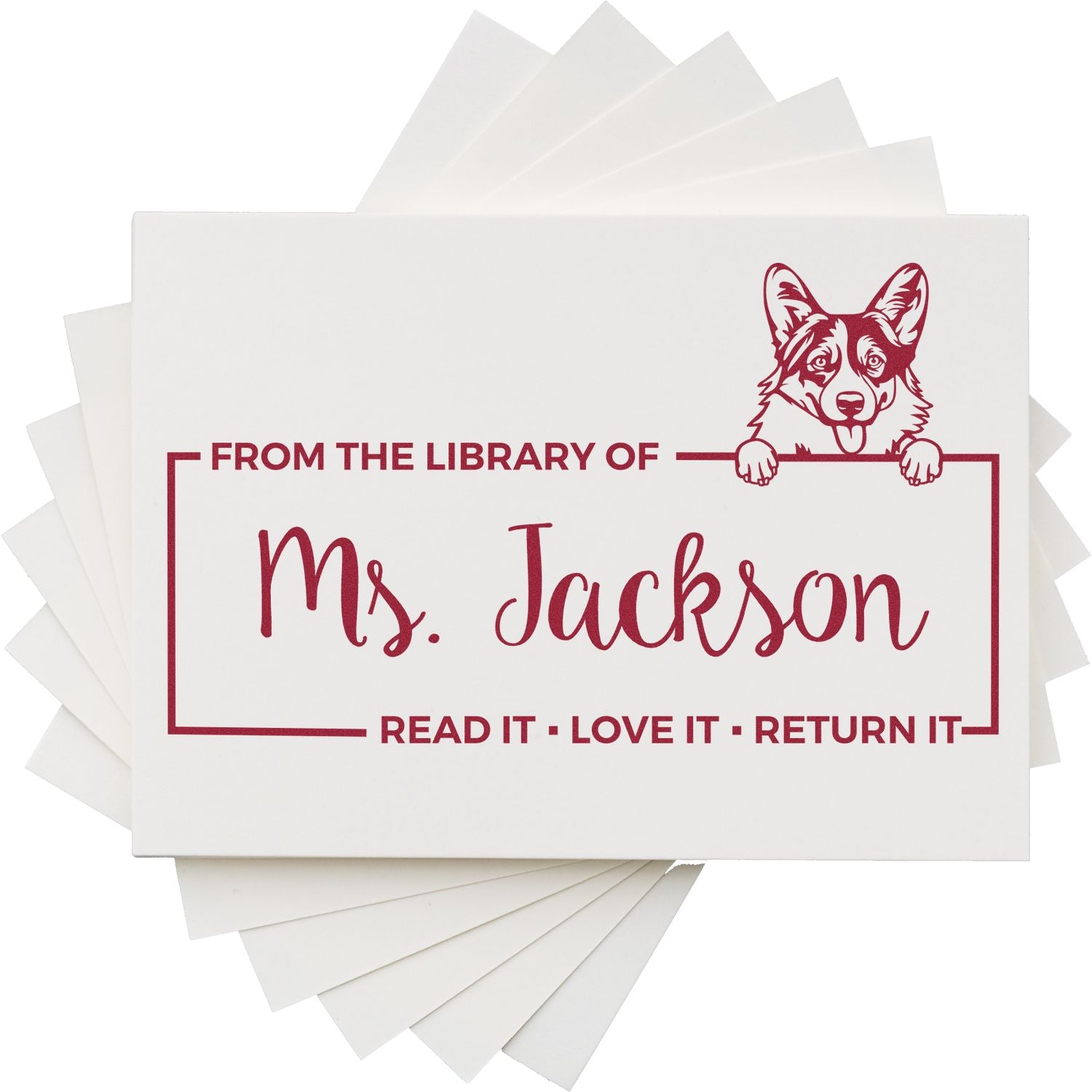 Personalized rubber library stamp with corgi design, From the Library of Ms. Jackson and Read It Love It Return It text.