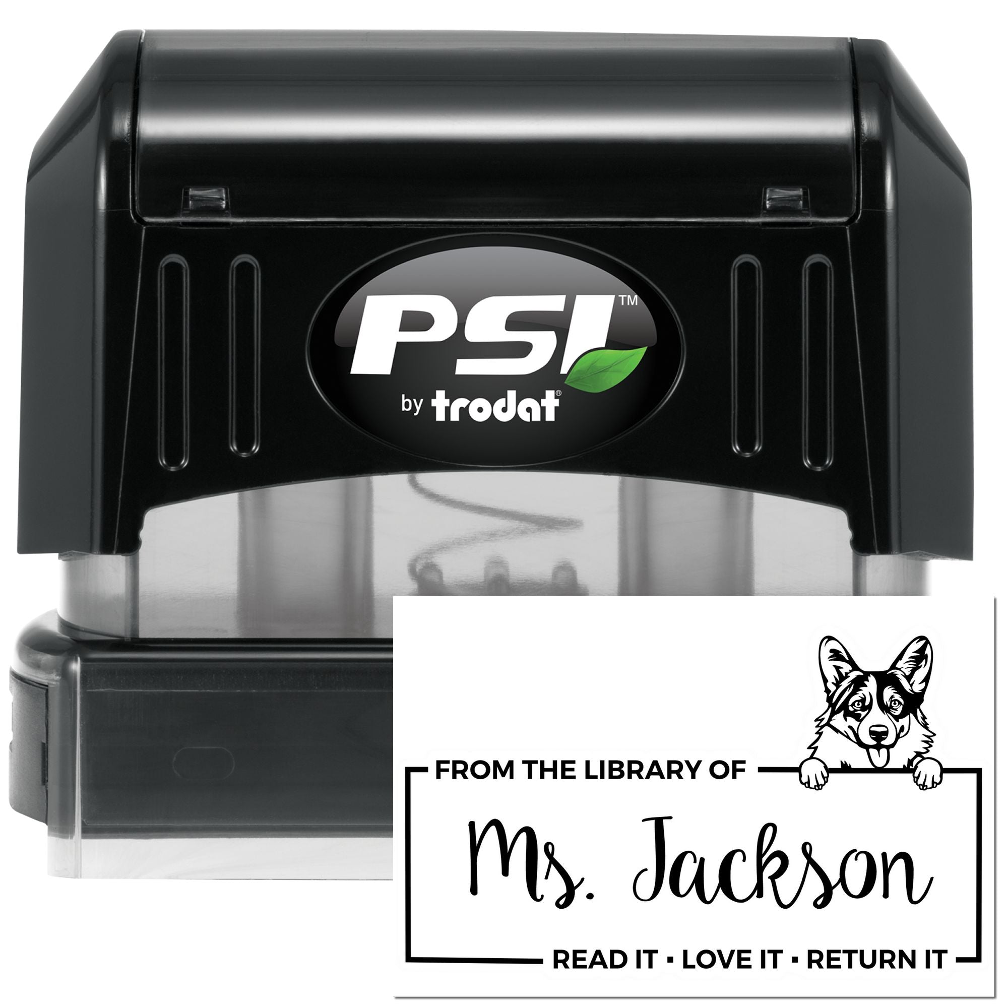 PSI by Trodat self-inking library rubber stamp with custom Ms. Jackson return message and dog icon