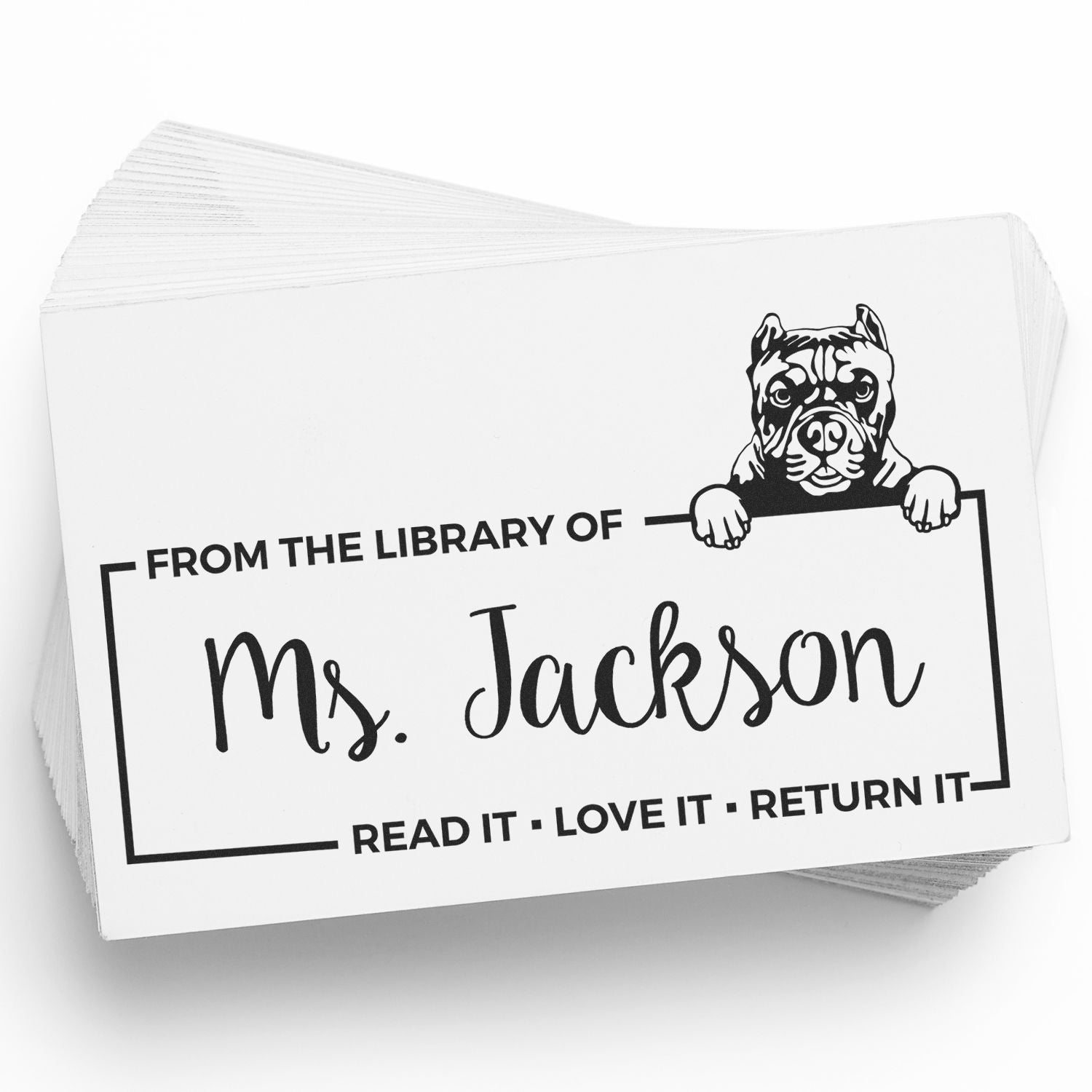 Personalized library bookplate rubber stamp with bulldog and Ms. Jackson name, for marking books with Read it, Love it, Return it.