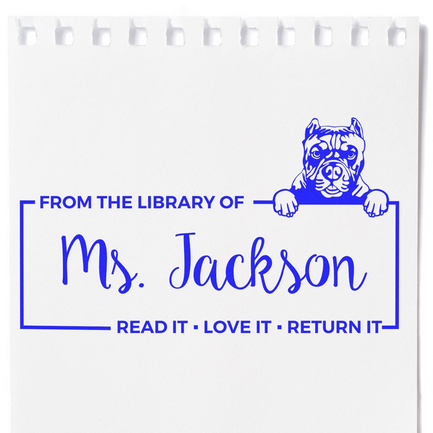 Custom dog library rubber stamp for Ms. Jackson with Read It, Love It, Return It book ownership design.