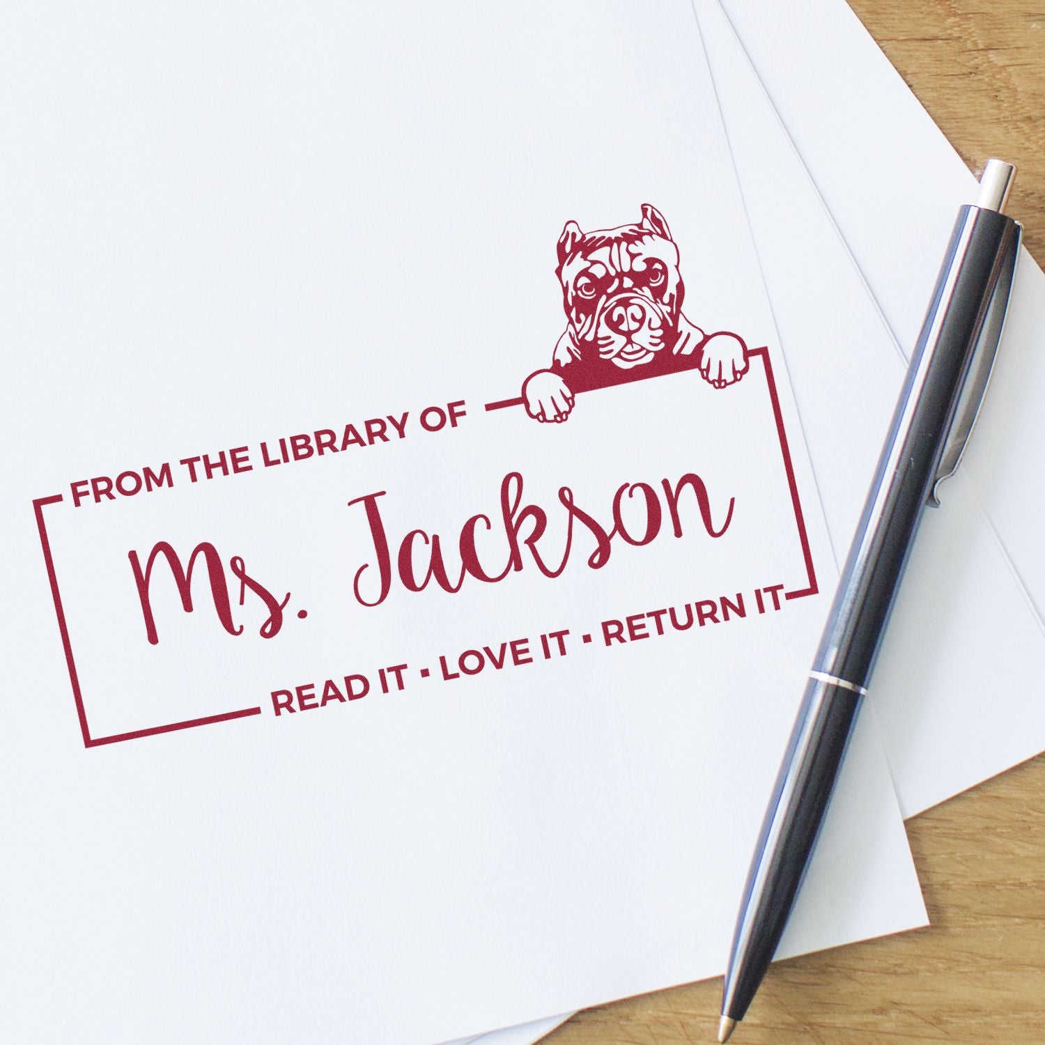 Personalized rubber stamp for books with dog bookplate design: From the Library of Ms. JacksonRead it, love it, return it.