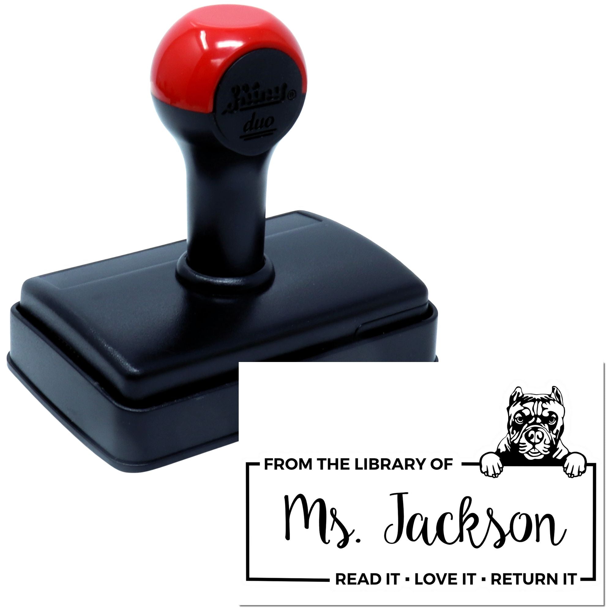 Personalized self-inking library rubber stamp with dog design for bookplates, book return labels, and classroom lending.