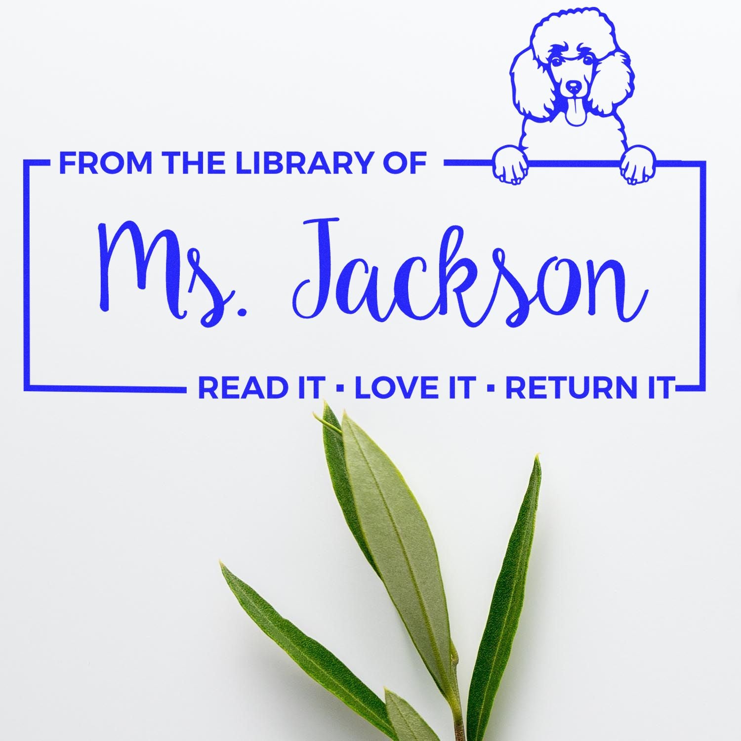 Personalized library rubber stamp with poodle, From the Library of Ms. Jackson and Read It, Love It, Return It text.