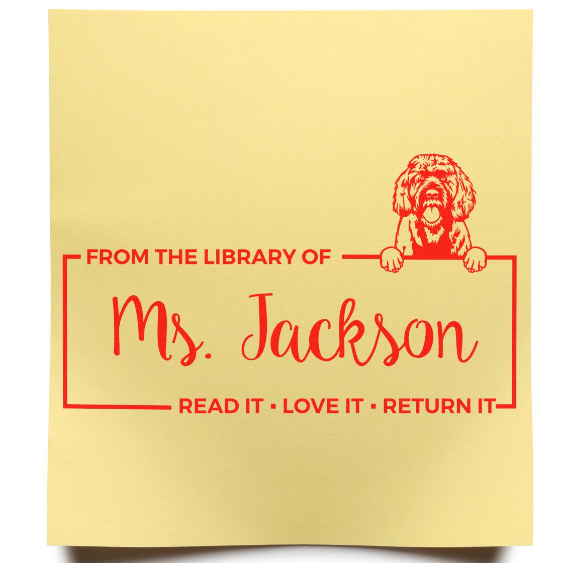 Custom library rubber stamp for Ms. Jackson, with dog design and Read It, Love It, Return It return reminder.