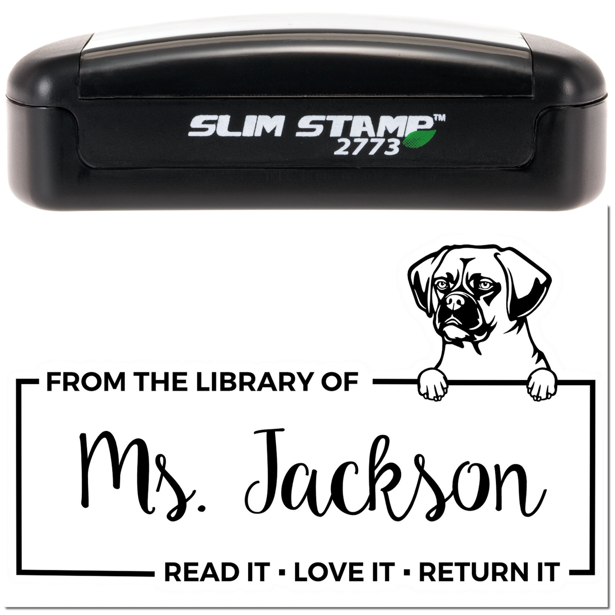 Self-inking Slim Stamp library book stamp with dog graphic and personalized Ms. Jackson return-it message.