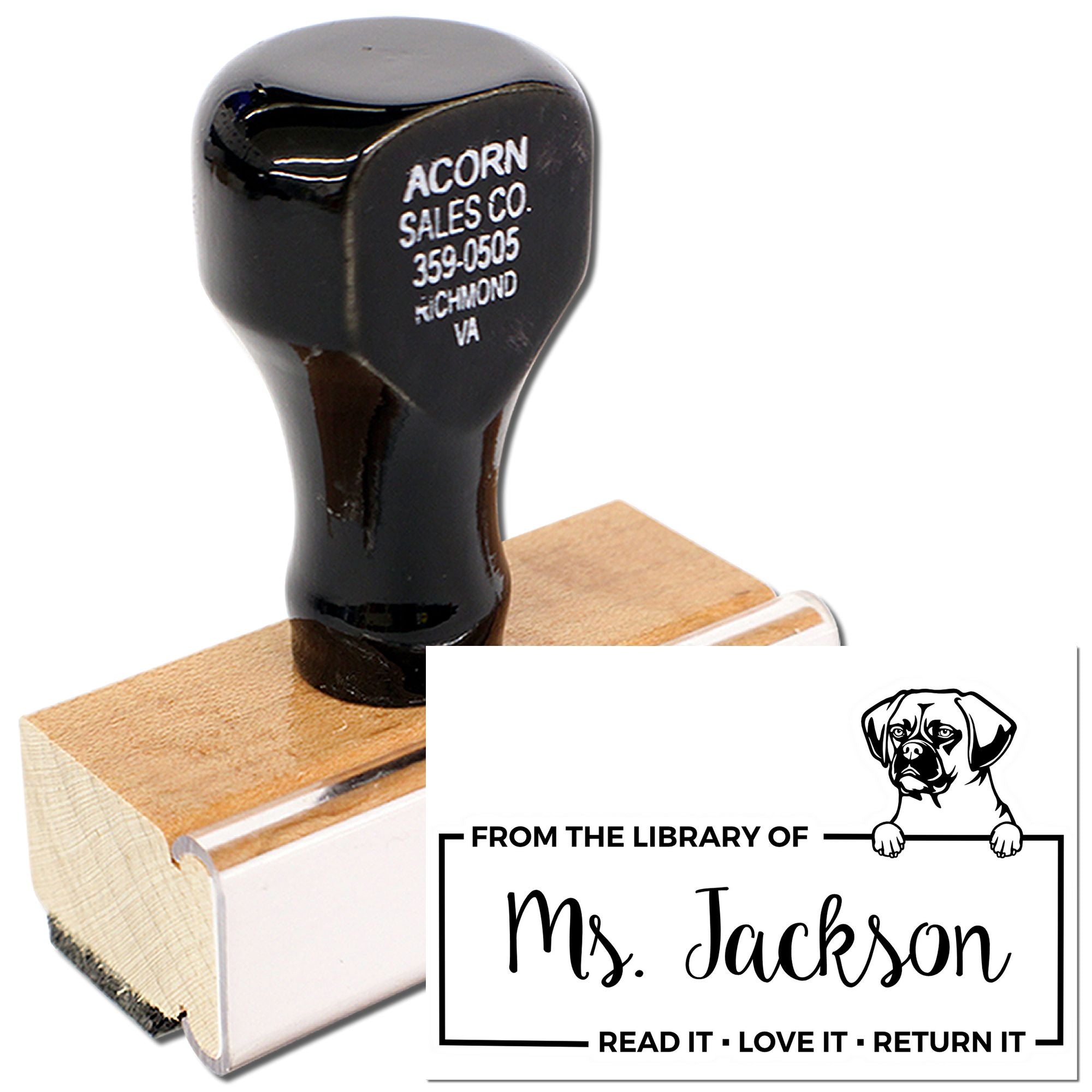 Custom library rubber stamp with dog design, personalized From the Library of Ms. Jackson book return stamp.
