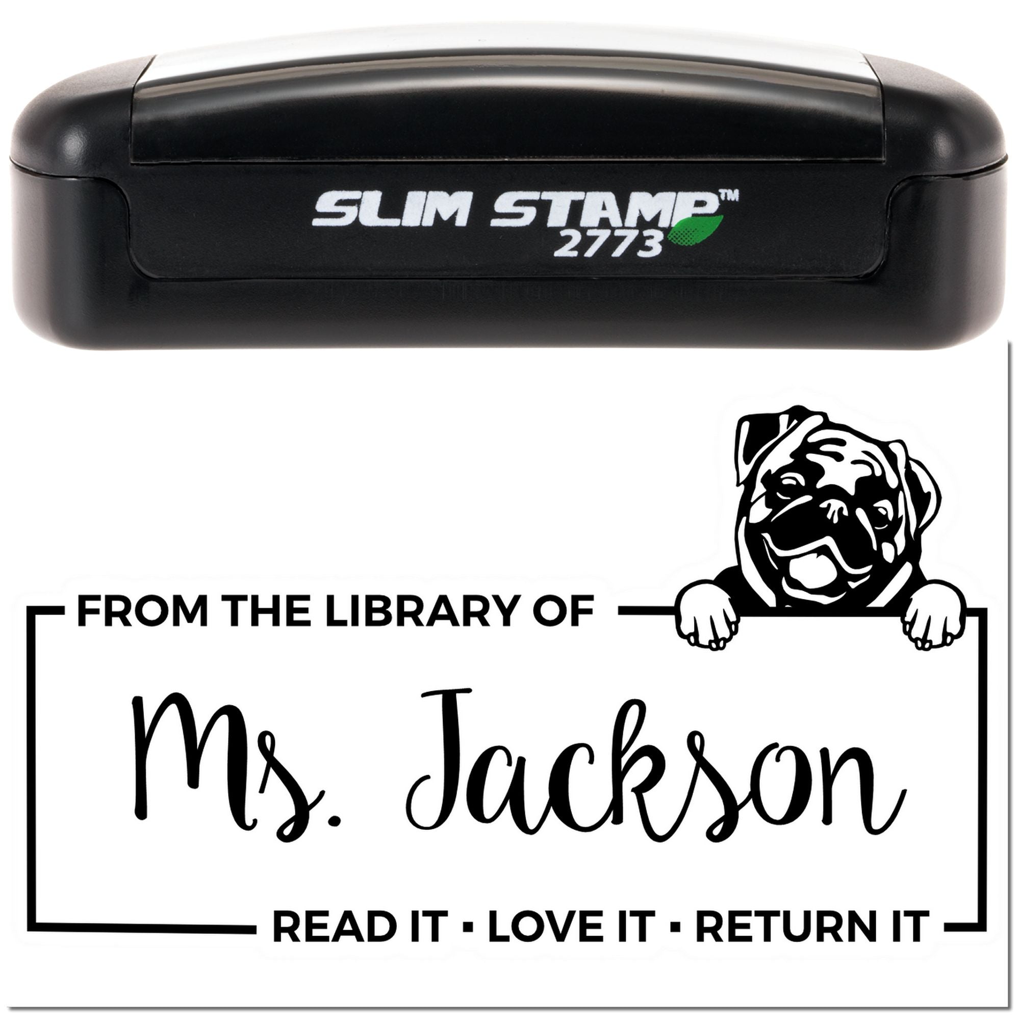 Slim Stamp 2773 personalized library rubber stamp featuring dog design and From the Library of Ms. Jackson book return label