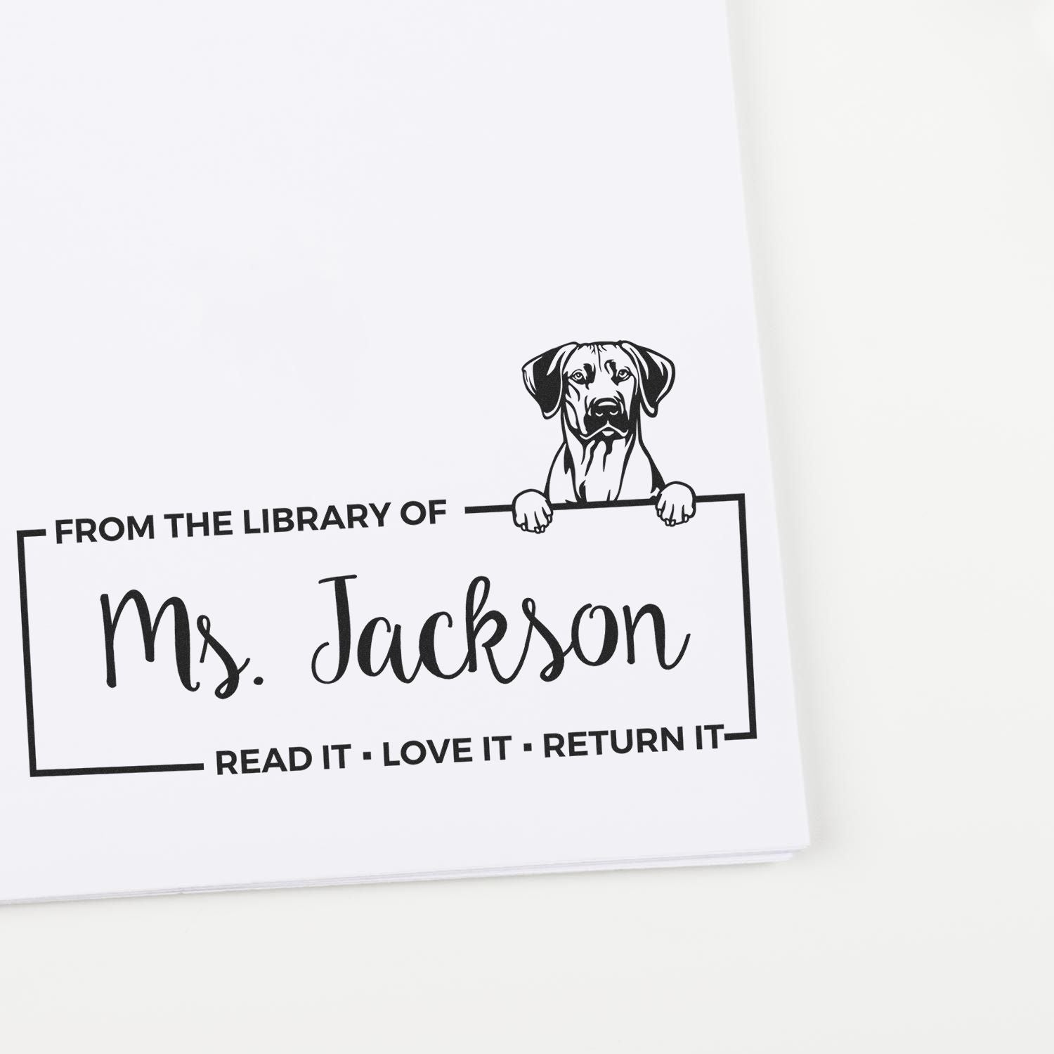 Custom library rubber stamp with dog illustration and From the Library of Ms. Jackson book return label.