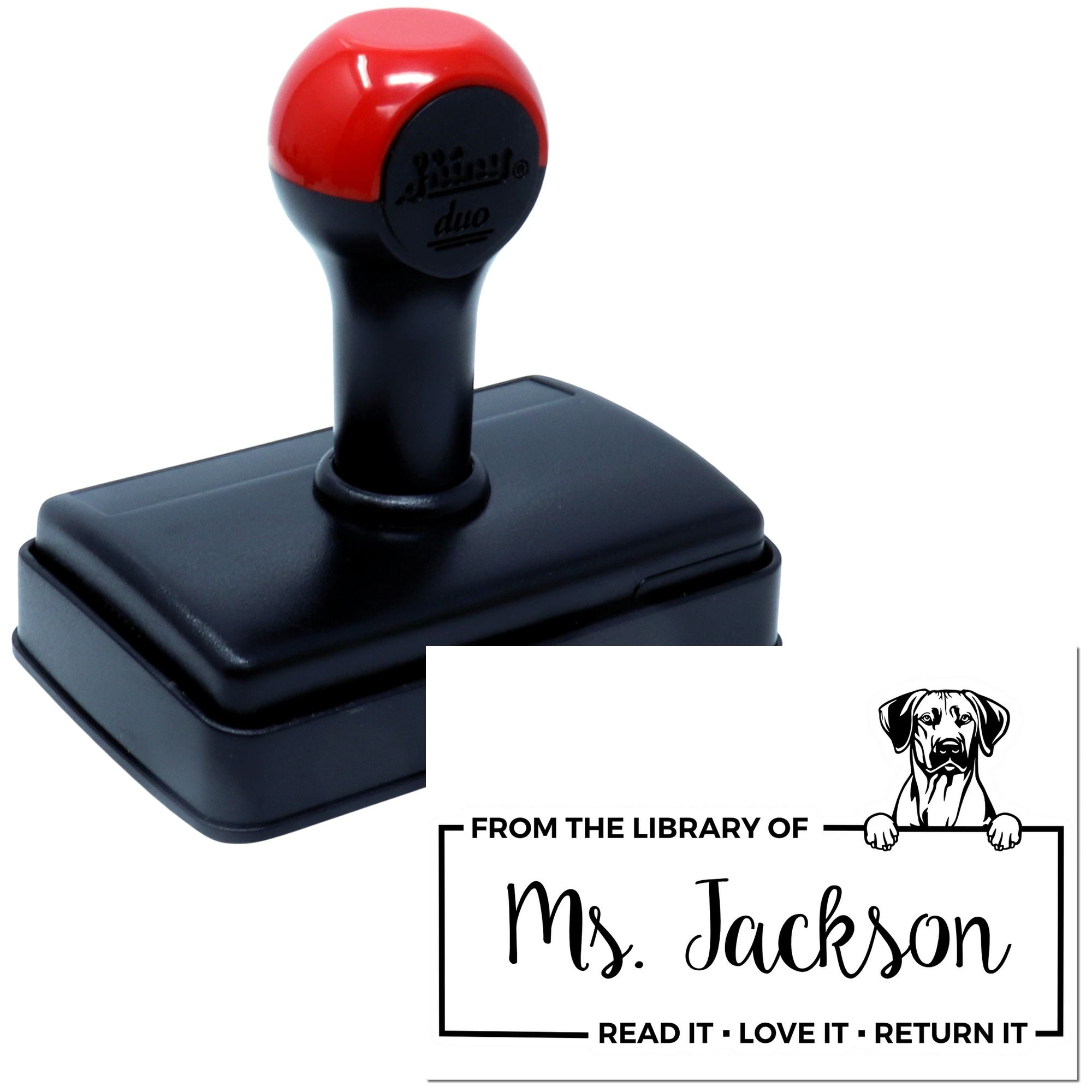 Personalized self-inking library rubber stamp with dog design, featuring From the Library of Ms. Jackson return message.
