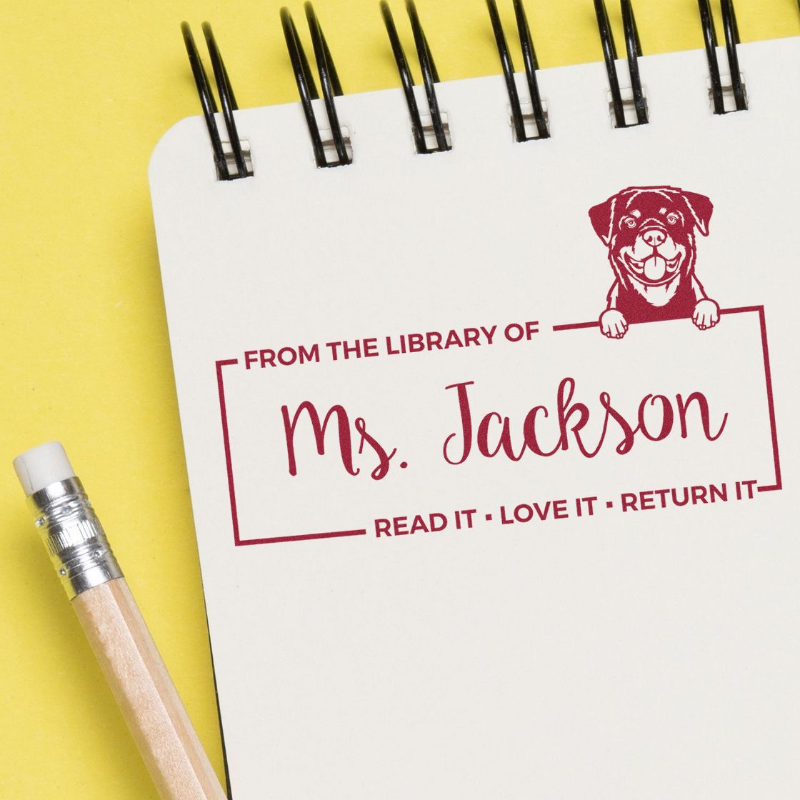 Custom library rubber stamp for books, reading From the Library of Ms. Jackson  Read It, Love It, Return It with dog graphic.