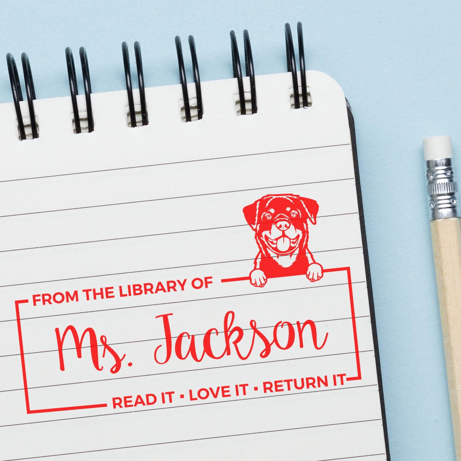 Custom library book return rubber stamp with dog icon, personalized From the Library of Ms. Jackson bookplate design.