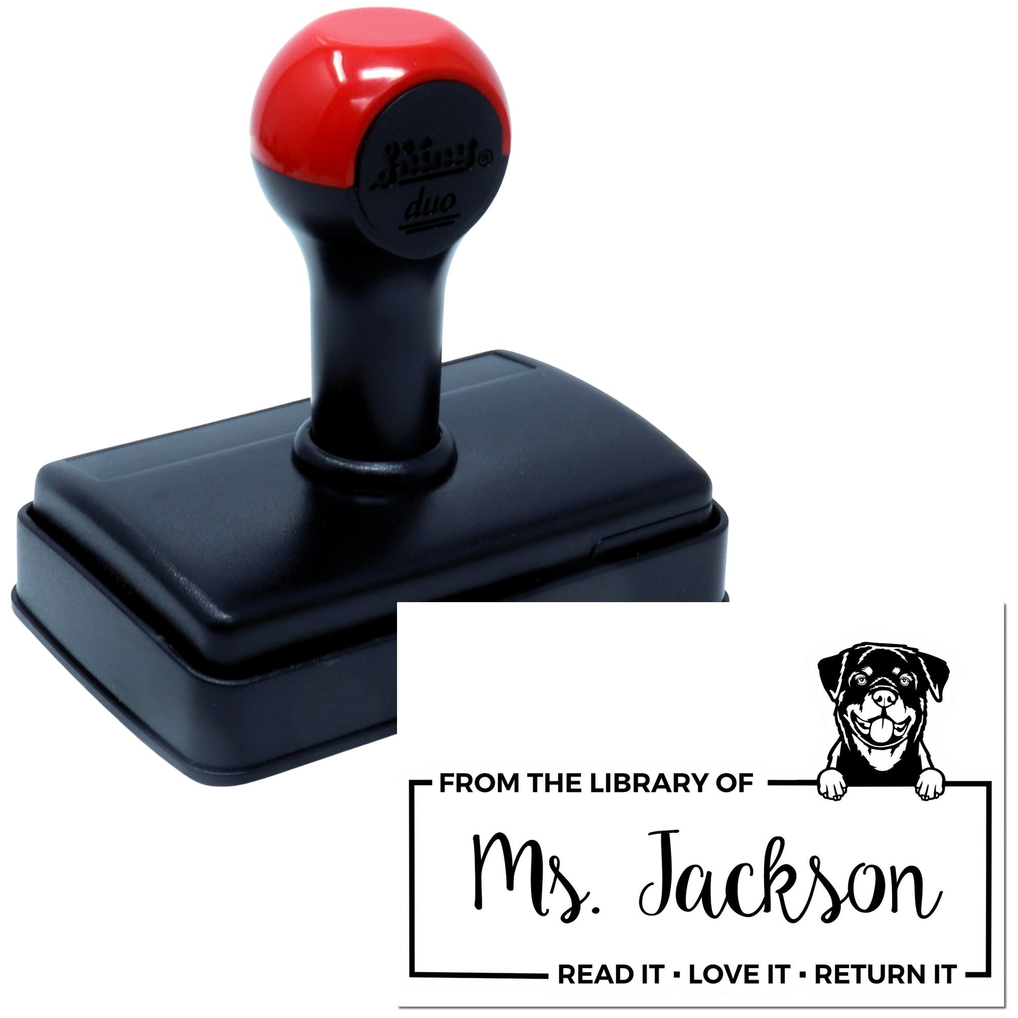 Custom self-inking rubber library stamp with dog graphic and From the Library of Ms. Jackson return label.
